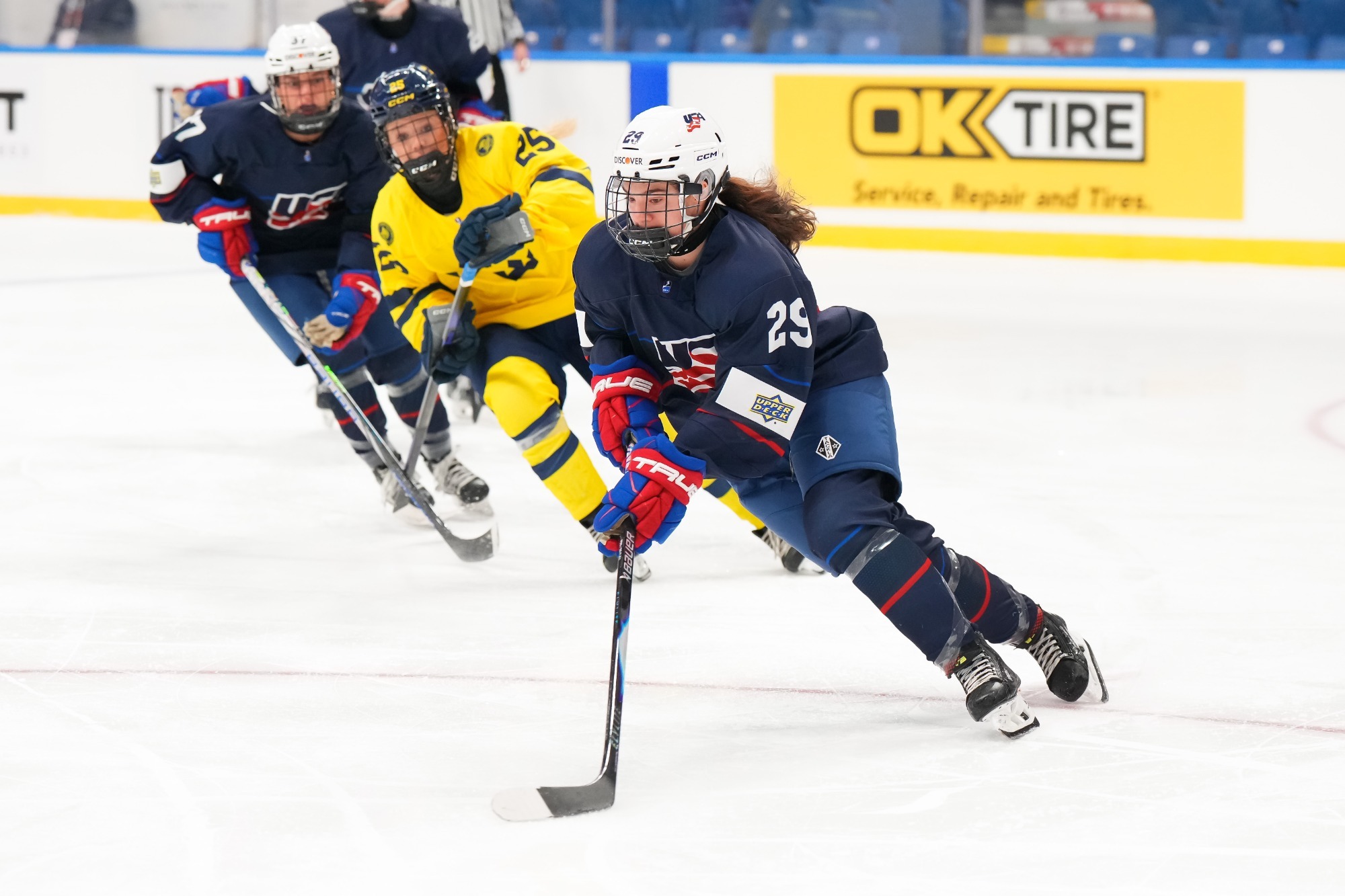 Lindsay Stepnowski skates with the puck for USA Hockey at the U-18 IIHF Championship.