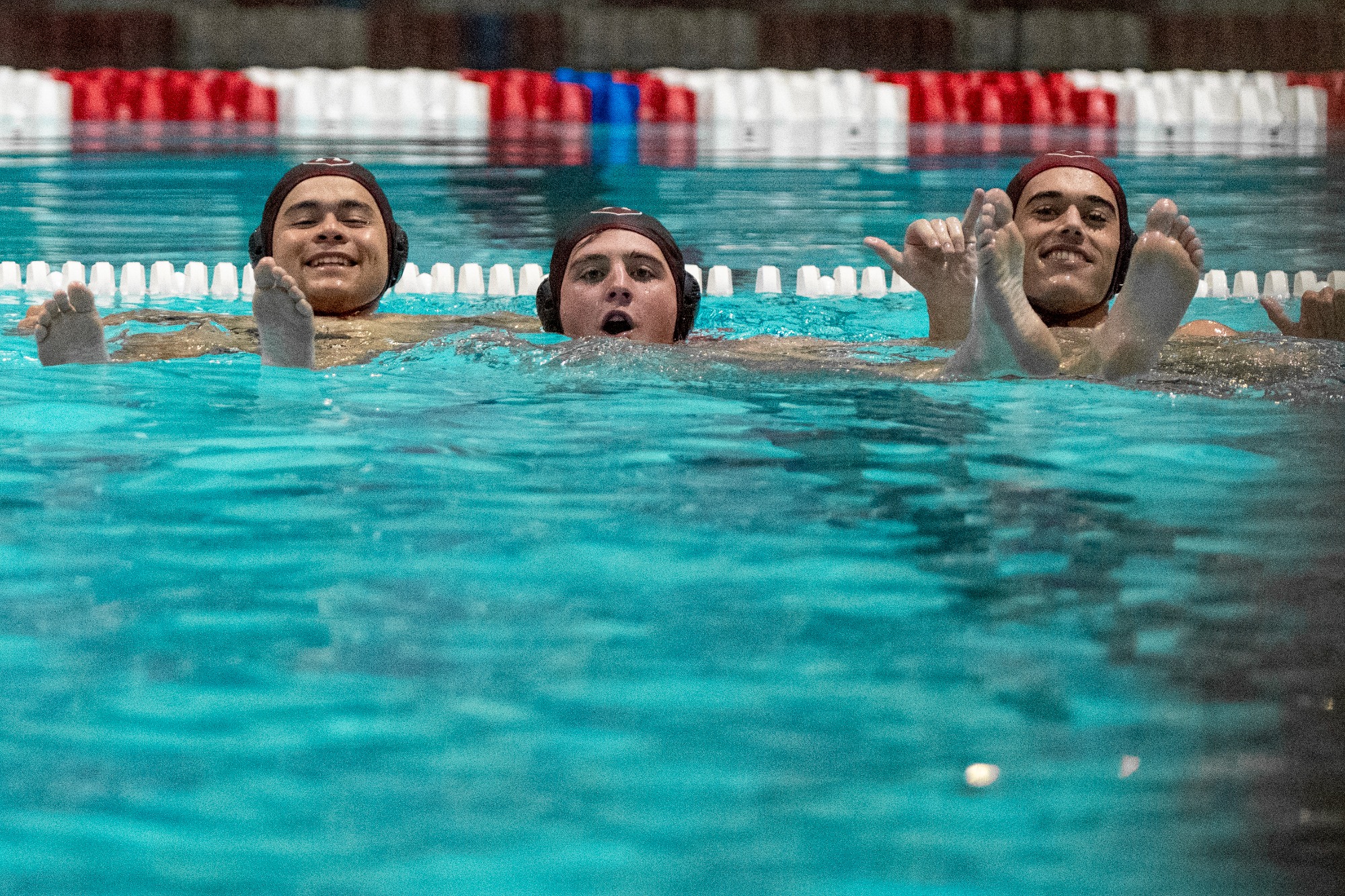 Harvard Men's Water Polo's Dean Strauser, Jonas Ransford, and Jacob Tsotadze in action on August 29, 2026.
