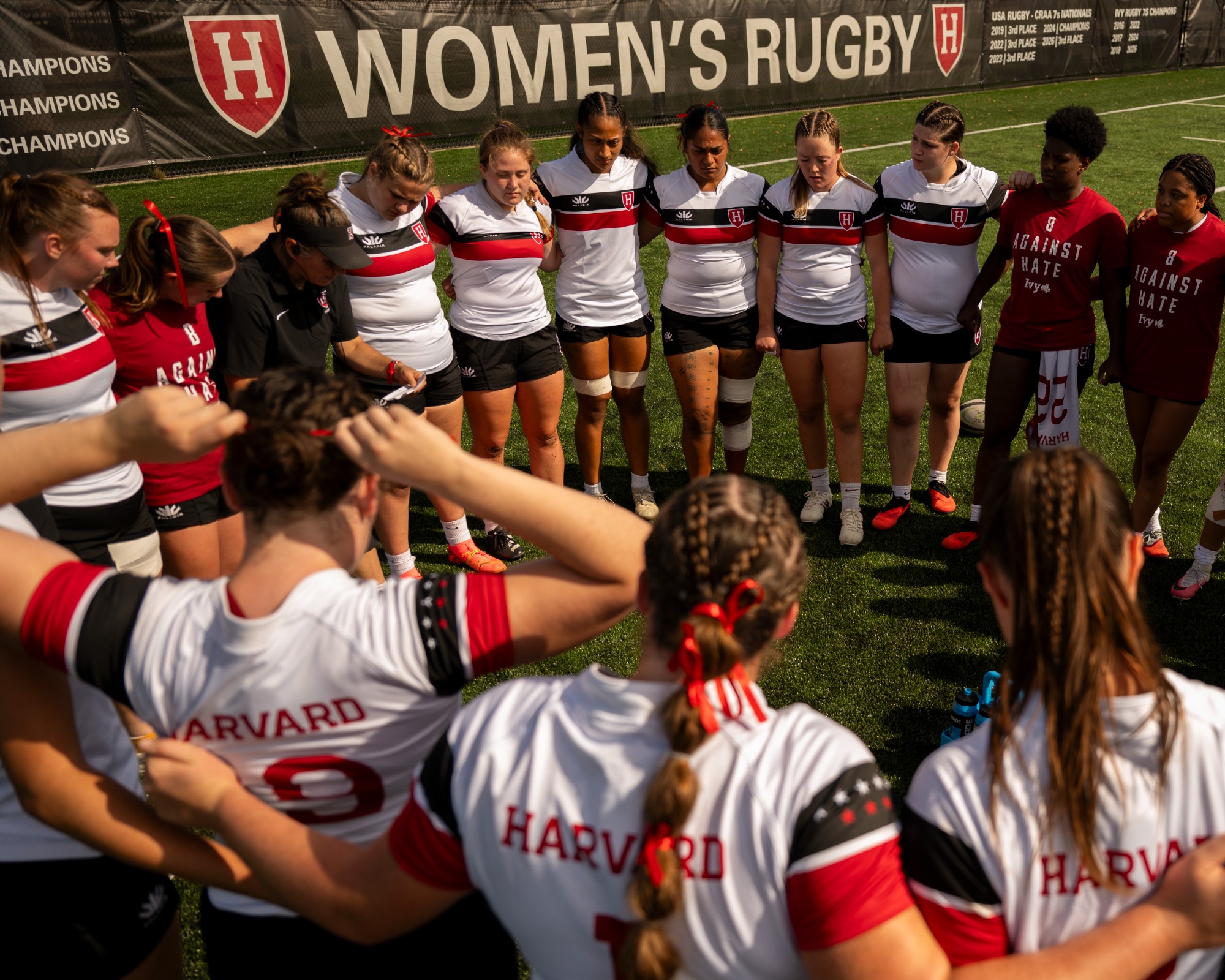 Harvard Women's Rugby in action against Brown on September 12, 2026, with huddle.