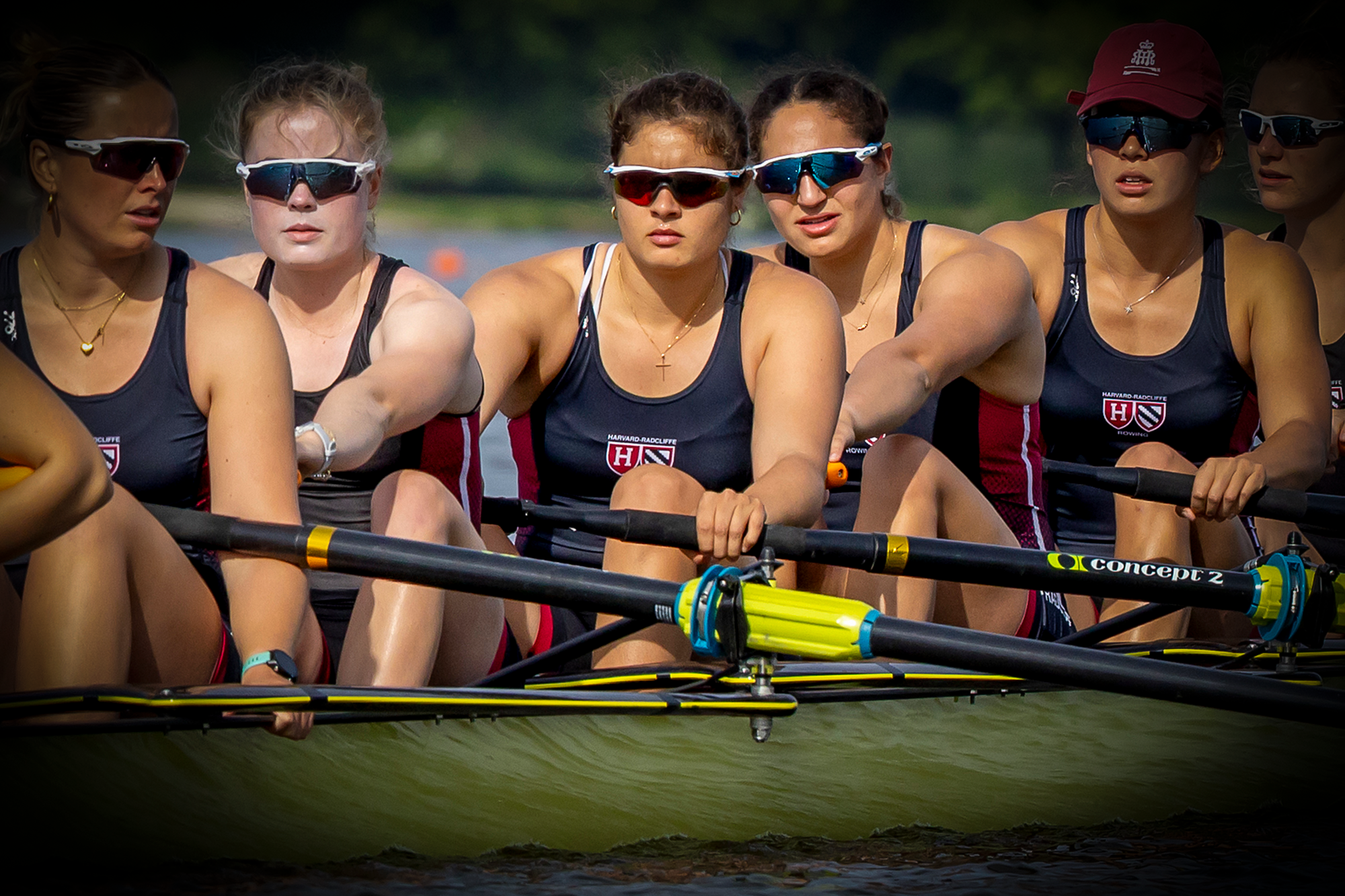 Kathryn Serra (center) rows with the Harvard-Radcliffe varsity eight at the 2026 Ivy League Championship.