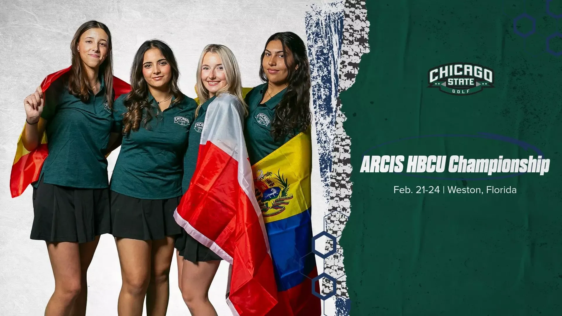 Four women's golf student athletes posing with flags for pre-event graphic 