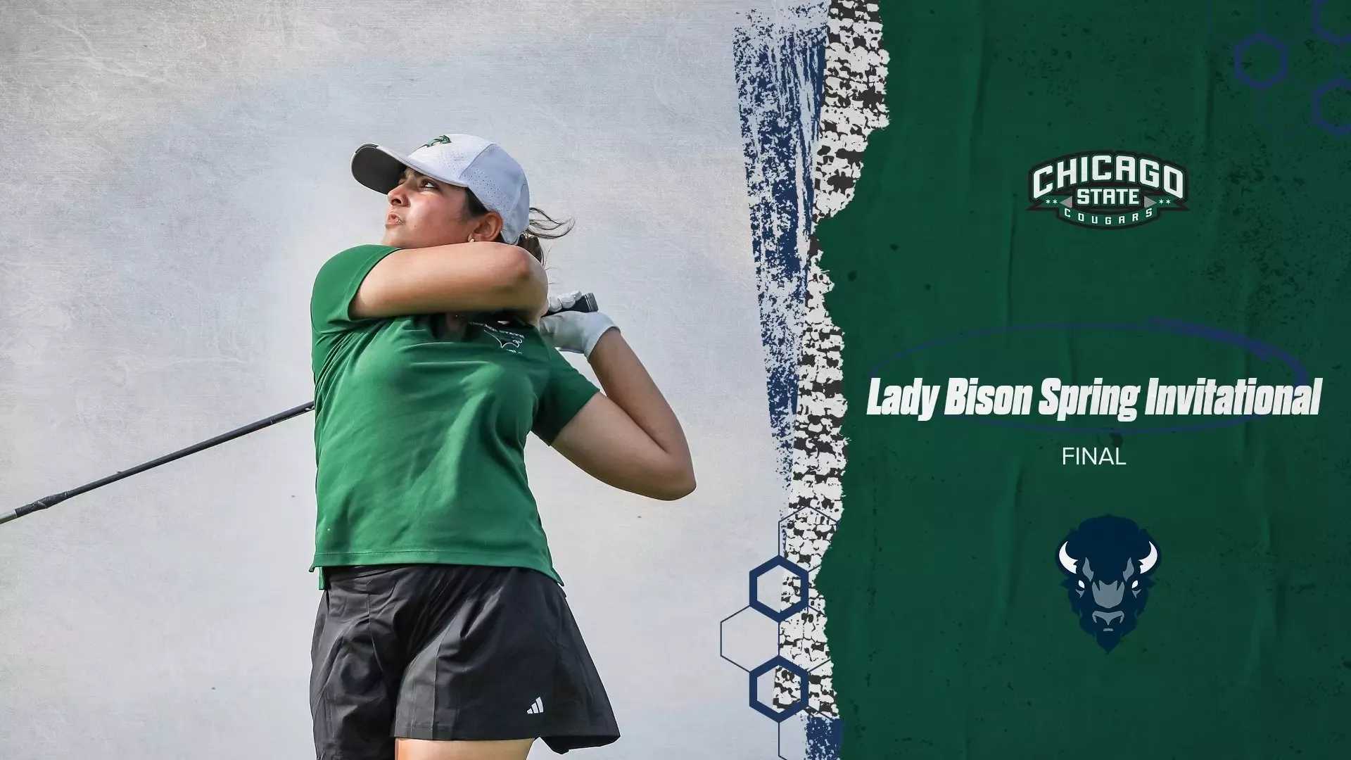 Women's Golf student athlete swinging a gold club 