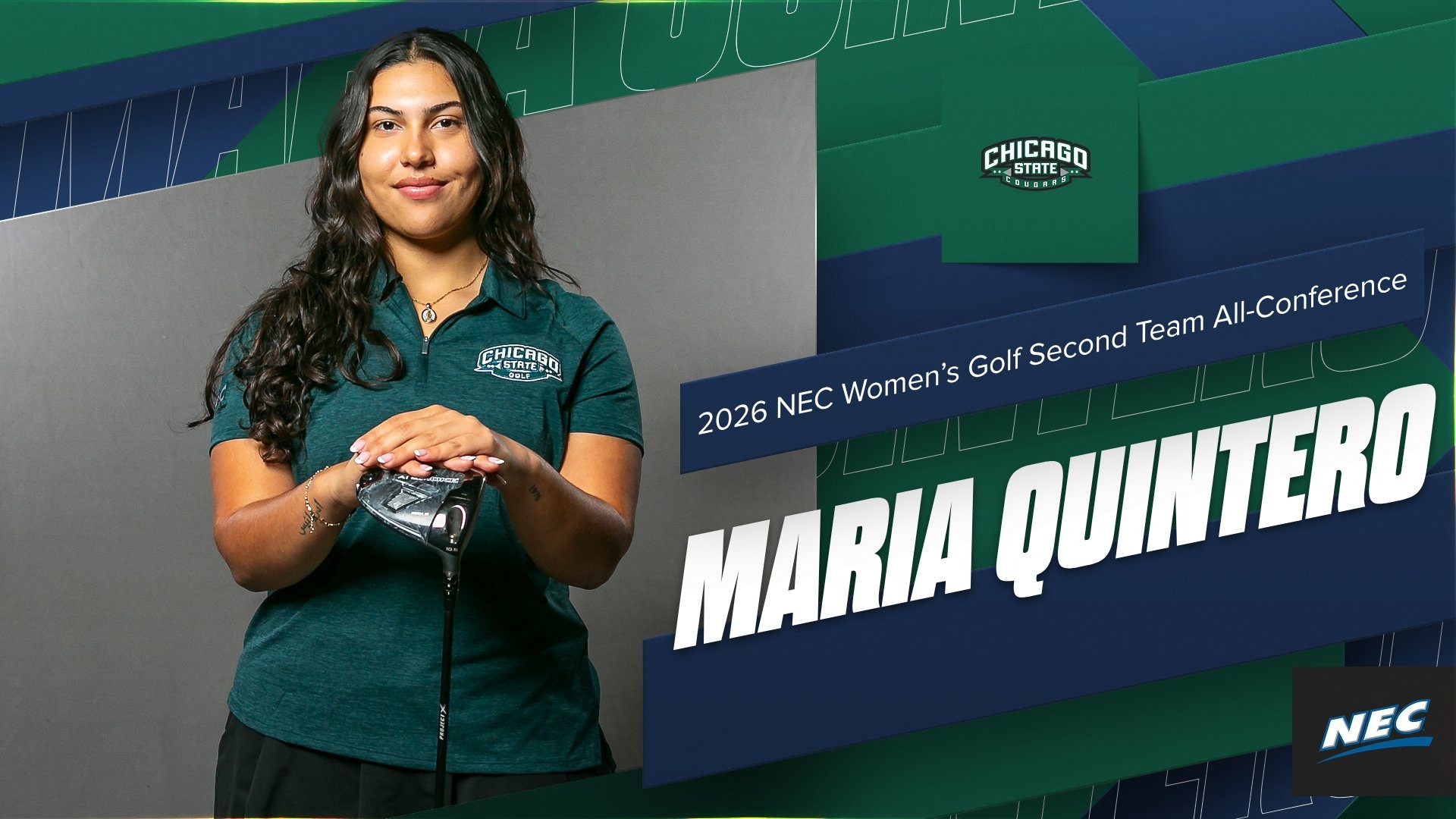 Maria has her hands crossed and holding a golf club posing for a picture 