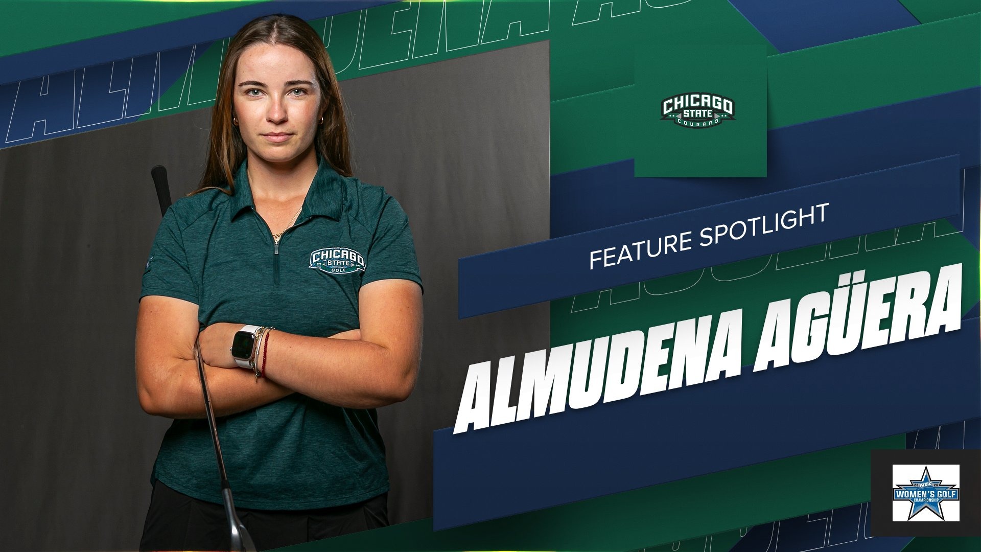 Almudena standing with her arms crossed holding a golf club 