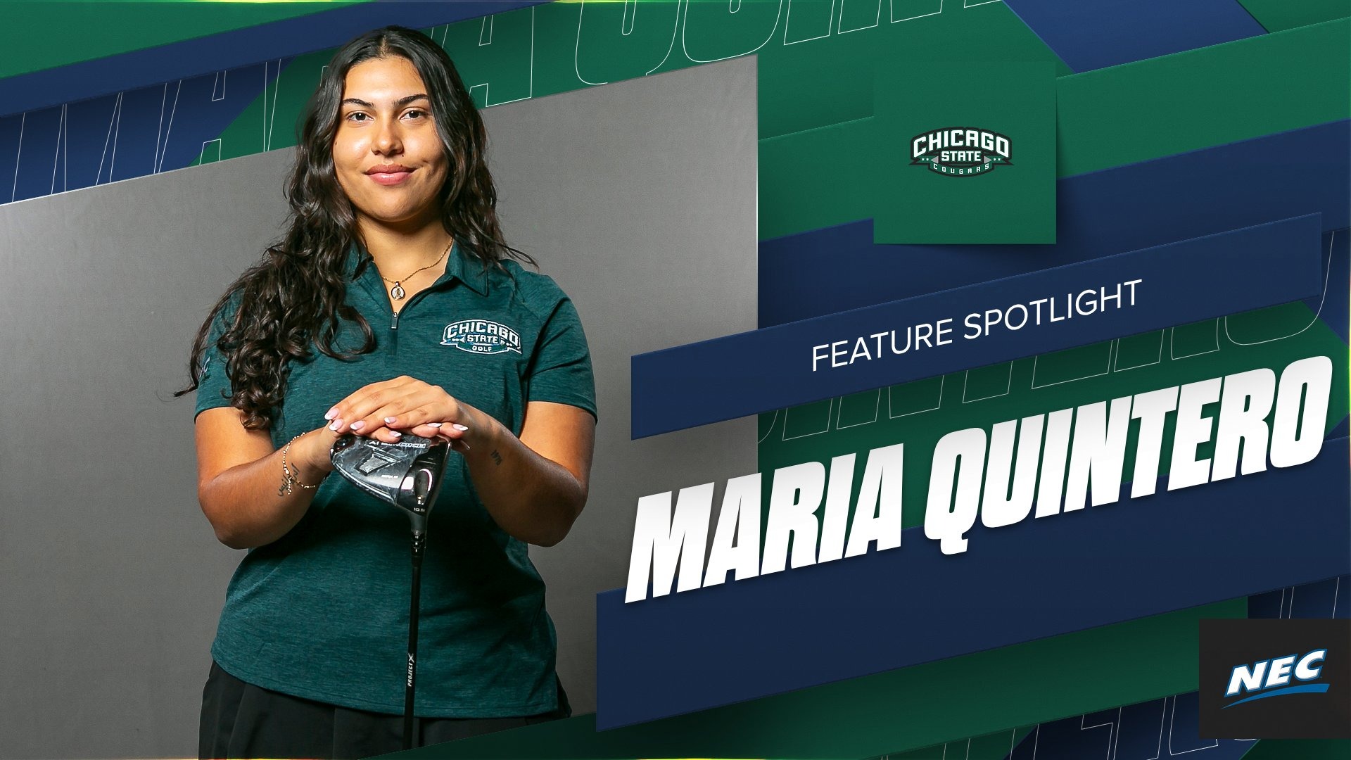 Maria has her hands crossed and holding a golf club posing for a picture