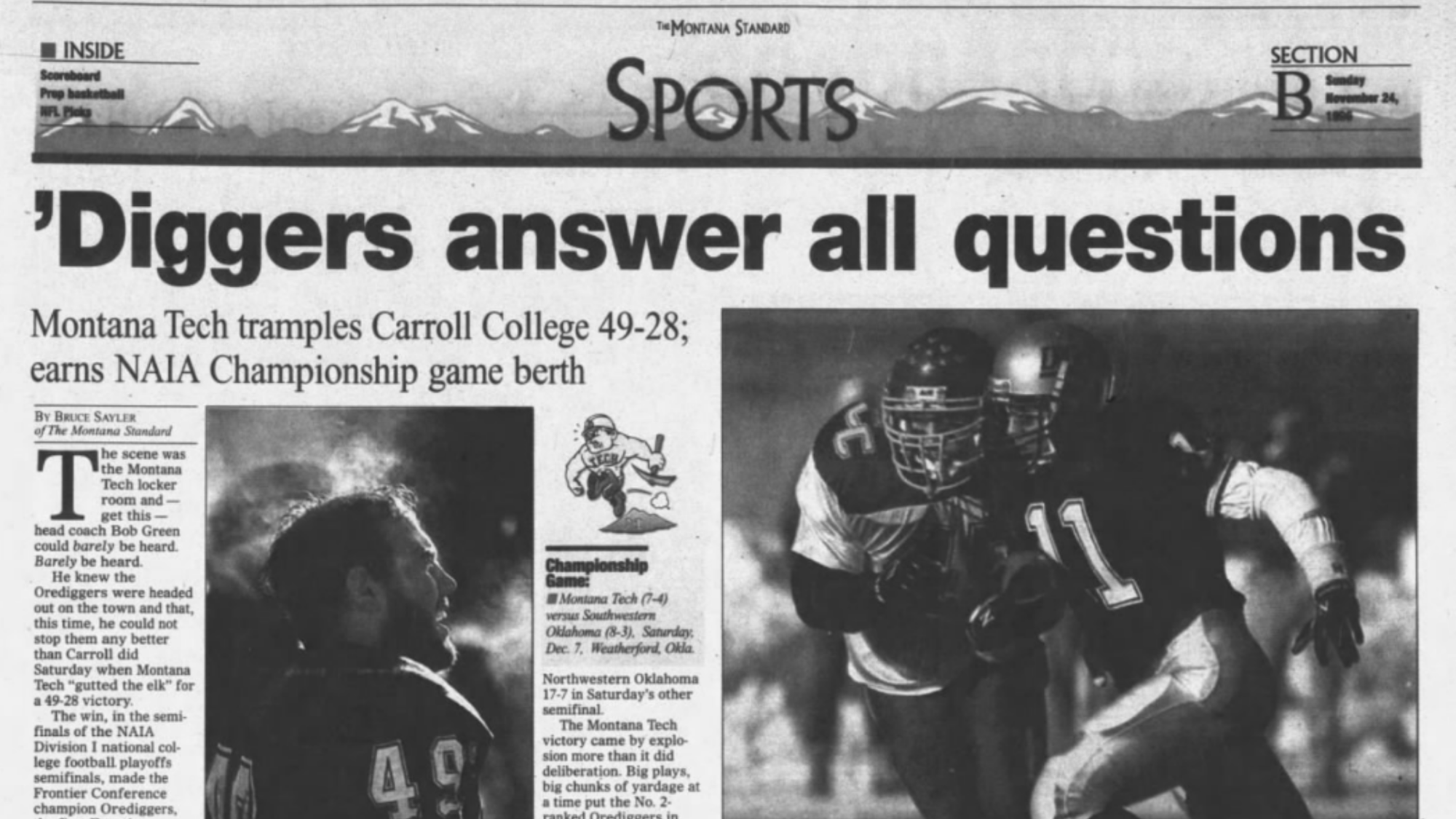 Screenshot of the sports page of the November 24, 1996 Montana Standard newspaper with the headline, 