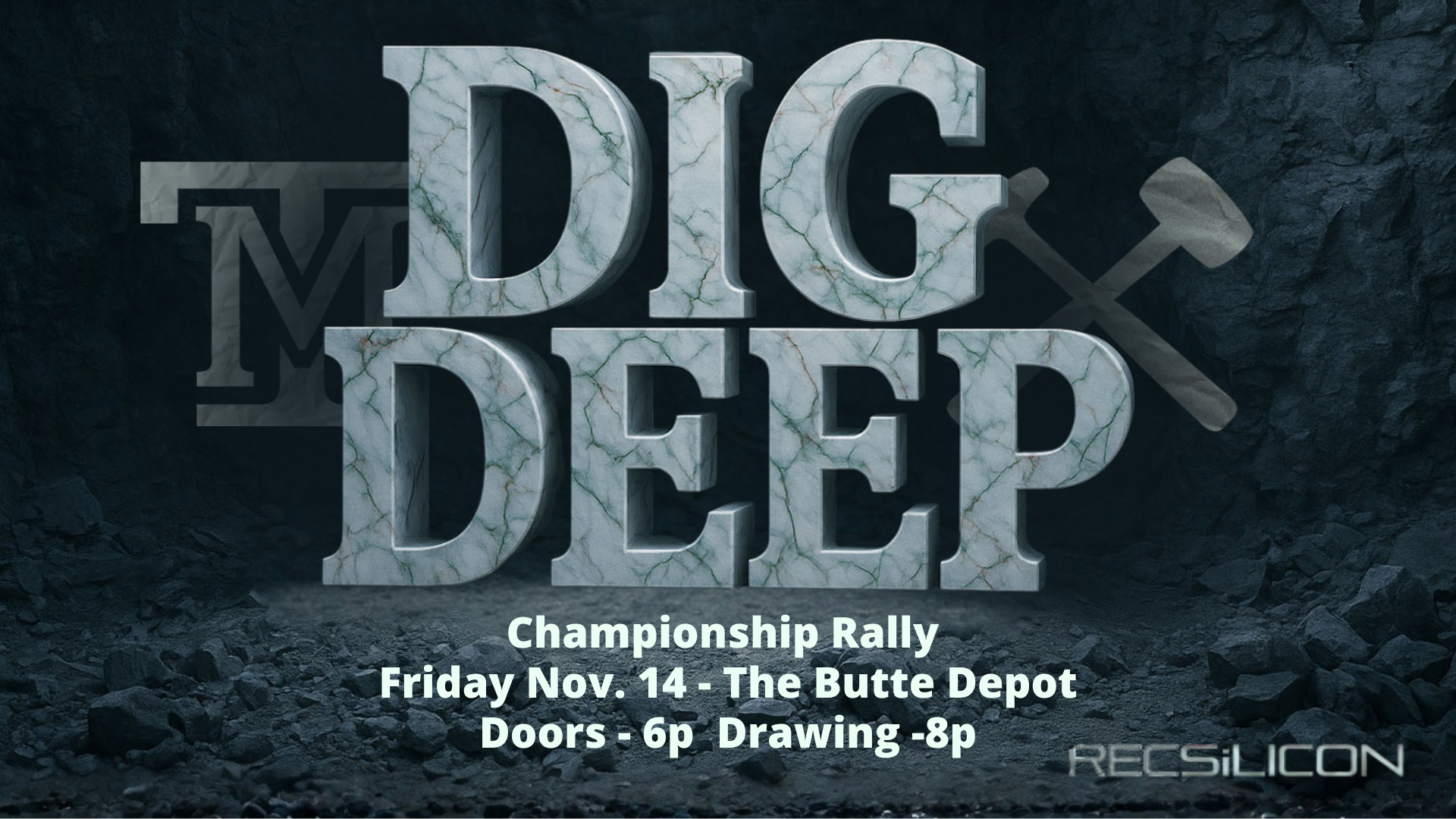 Words dig deep in gray marble-like textured text with Montana Tech logos at either side on gray background