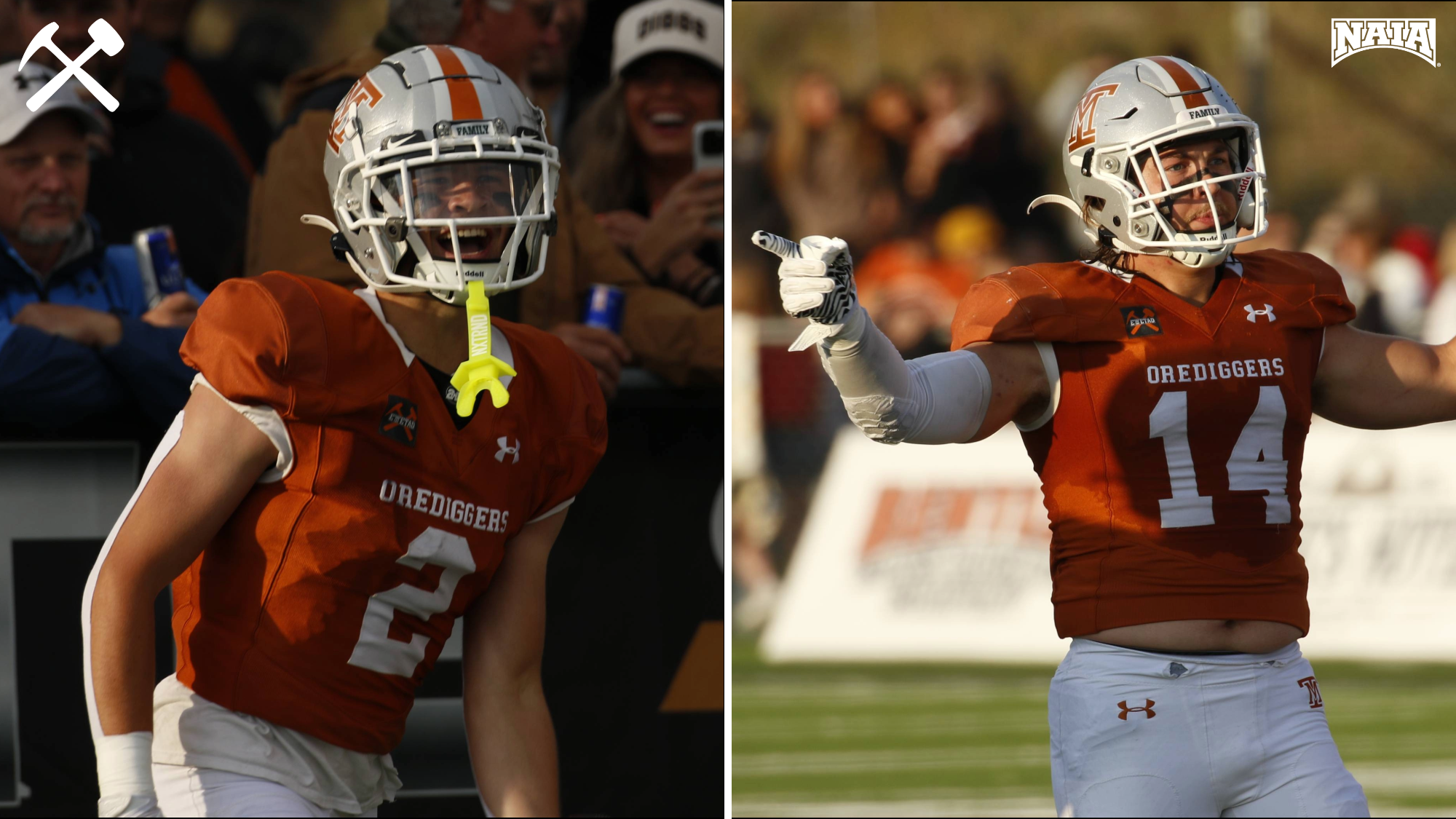 Action photos of Levi Torgerson and Tel Arthur during Montana Tech football games on a split screen
