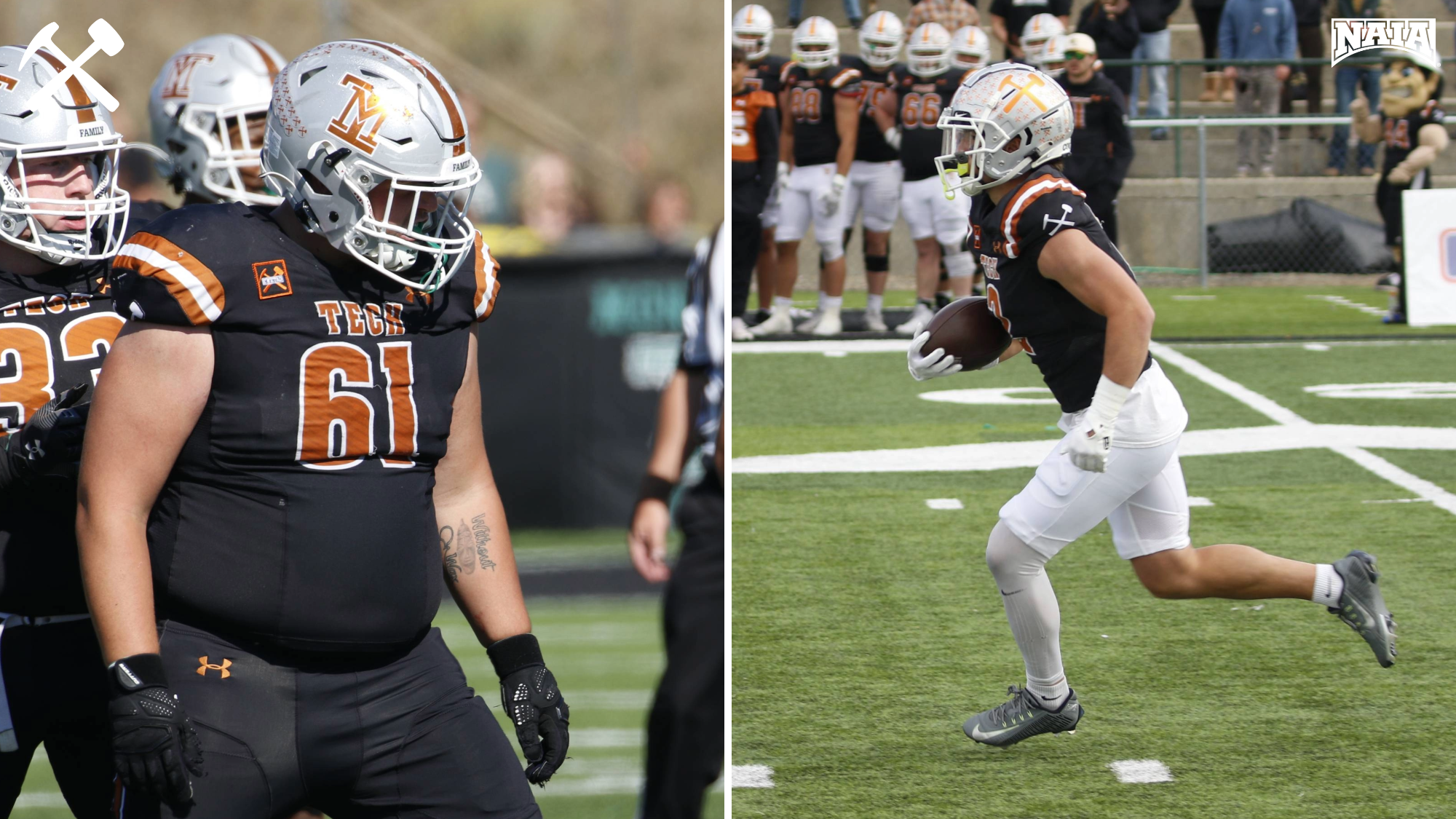 Action photos of Montana Tech football players Jacob Graves and Levi Torgerson playing in a home game