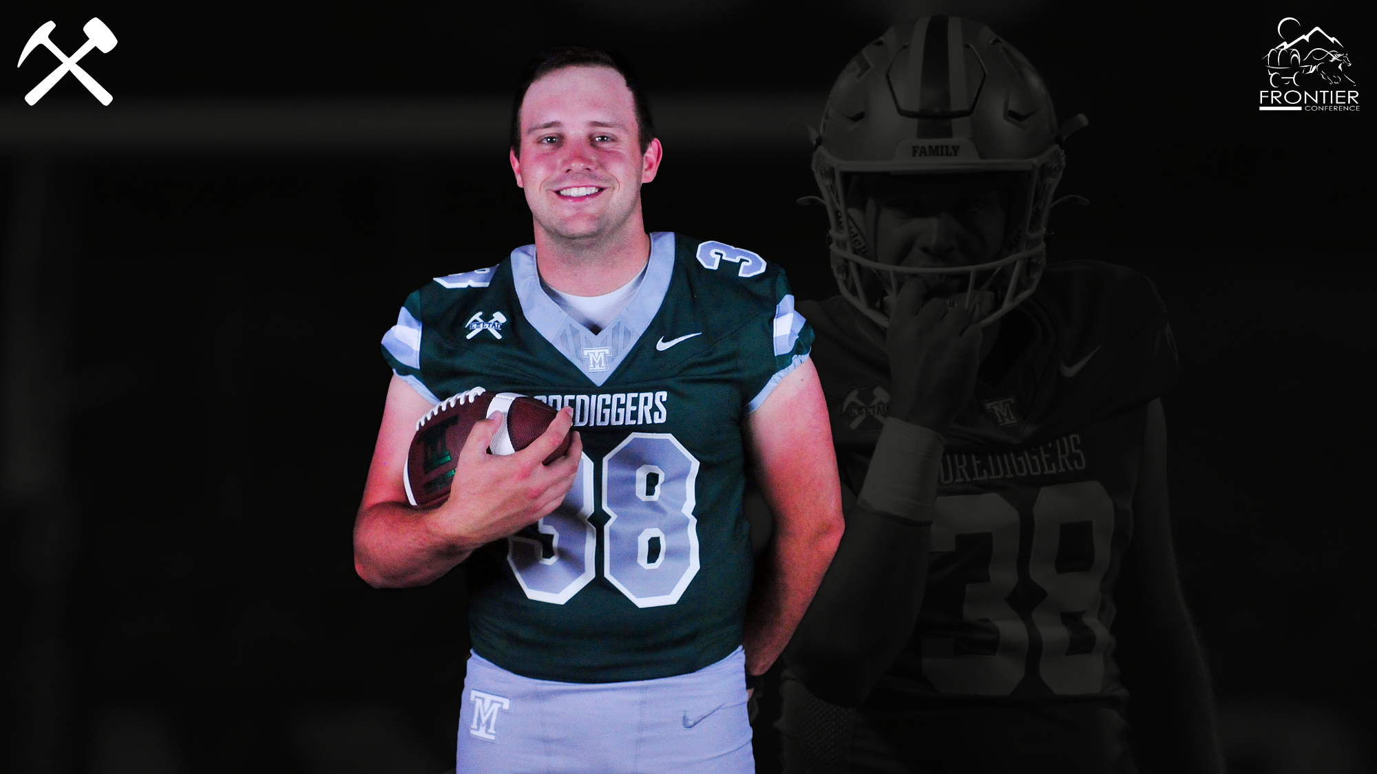 Casey Kautzman stands in a Montana Tech football uniform holding a ball over a black background