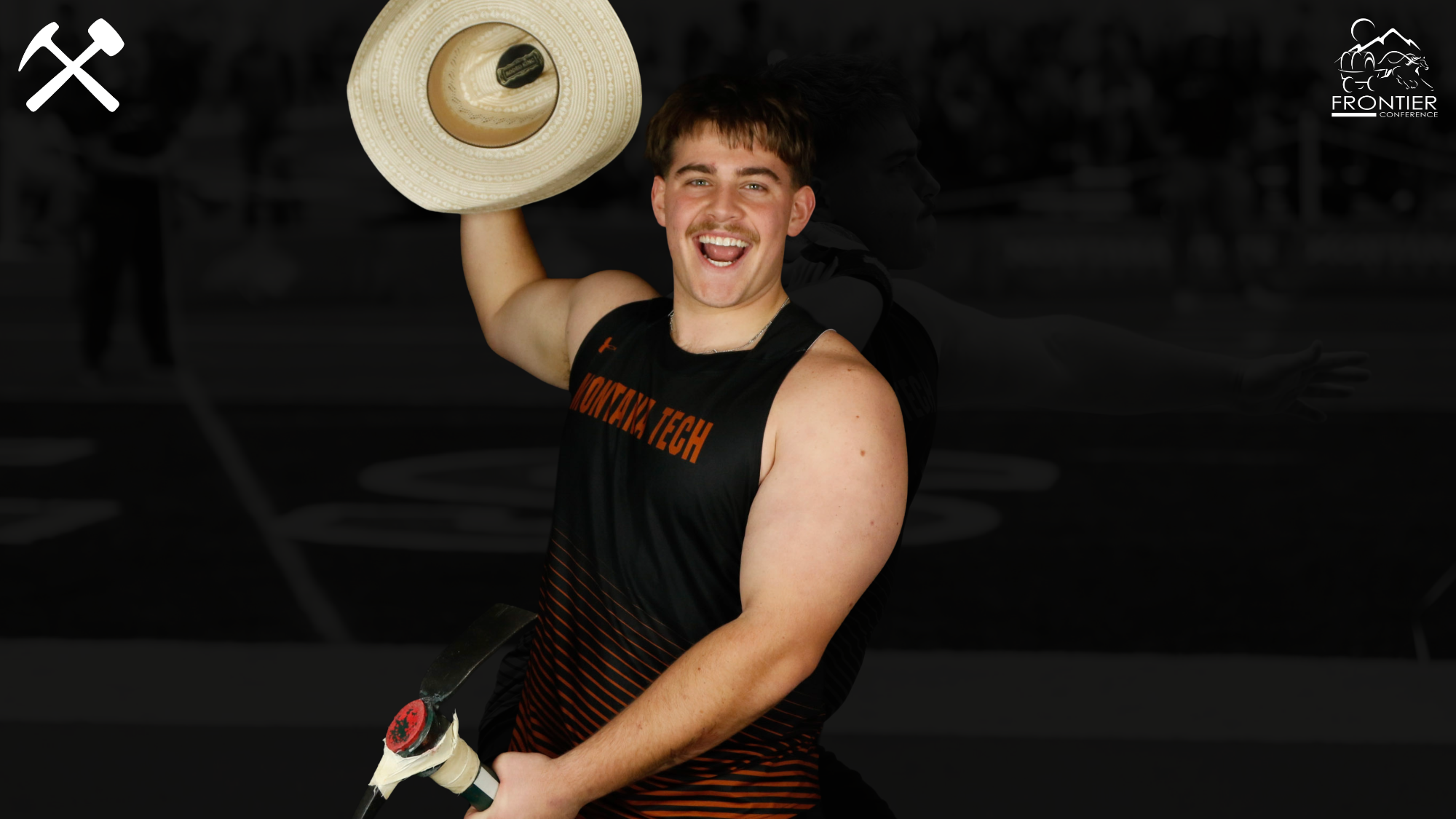 Cade VanVleet poses with a cowboy hat and pickaxe in a Montana Tech track & field uniform