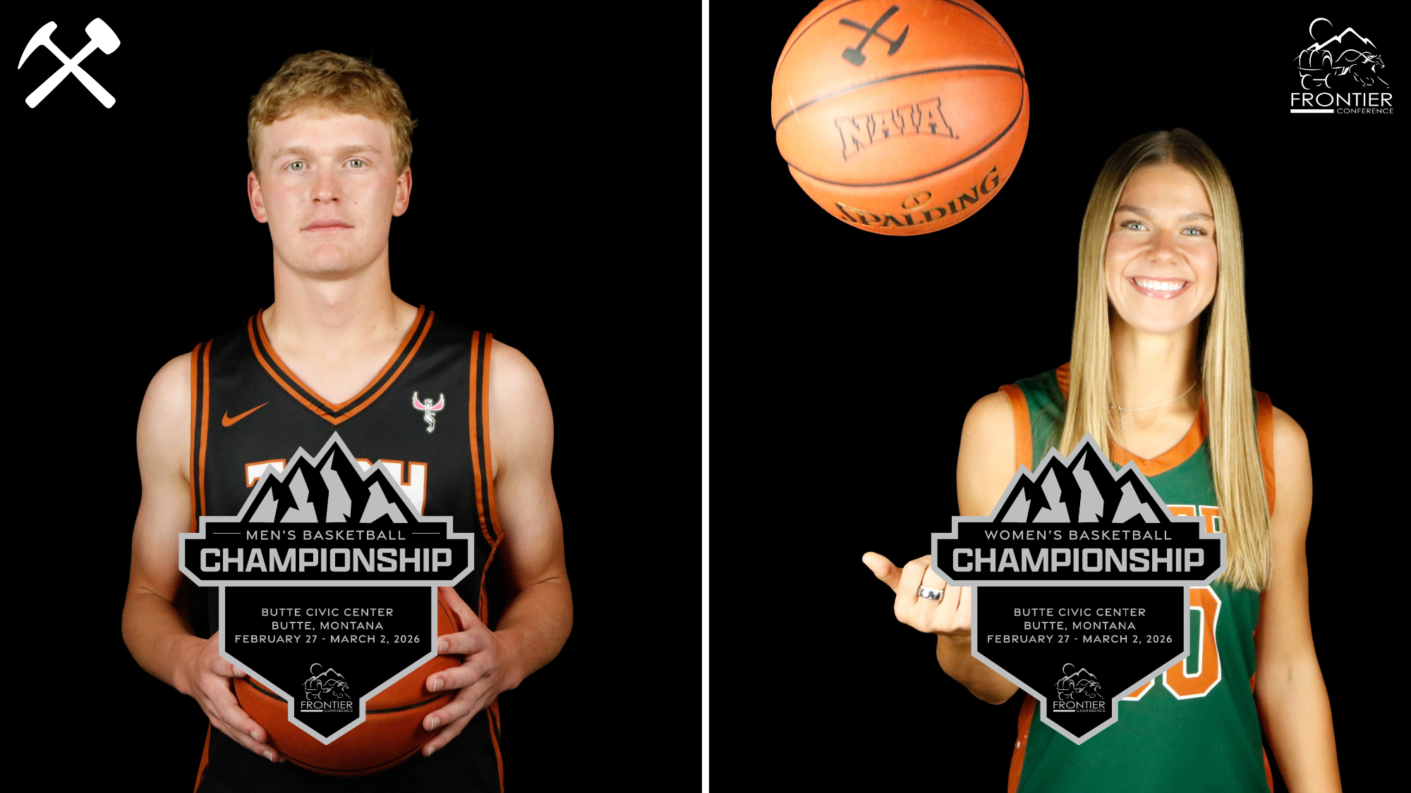 Photos of Hayden Diekhans and Liv Wangerin in Montana Tech basketball uniforms will basketballs atop black background