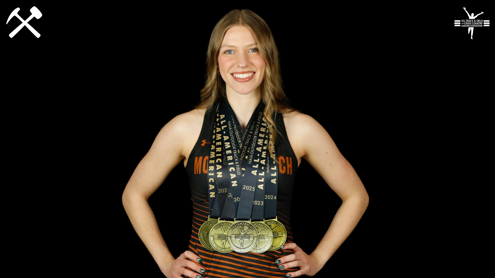 Abby Clark poses in her Montana Tech track & field uniform with her five NAIA All-America medals