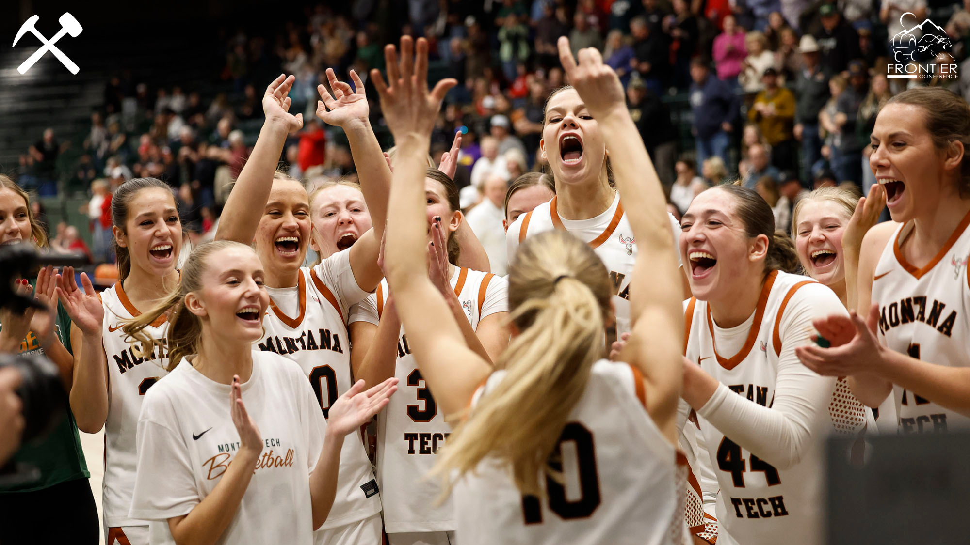 Montana Tech women's basketball players celebrate a win