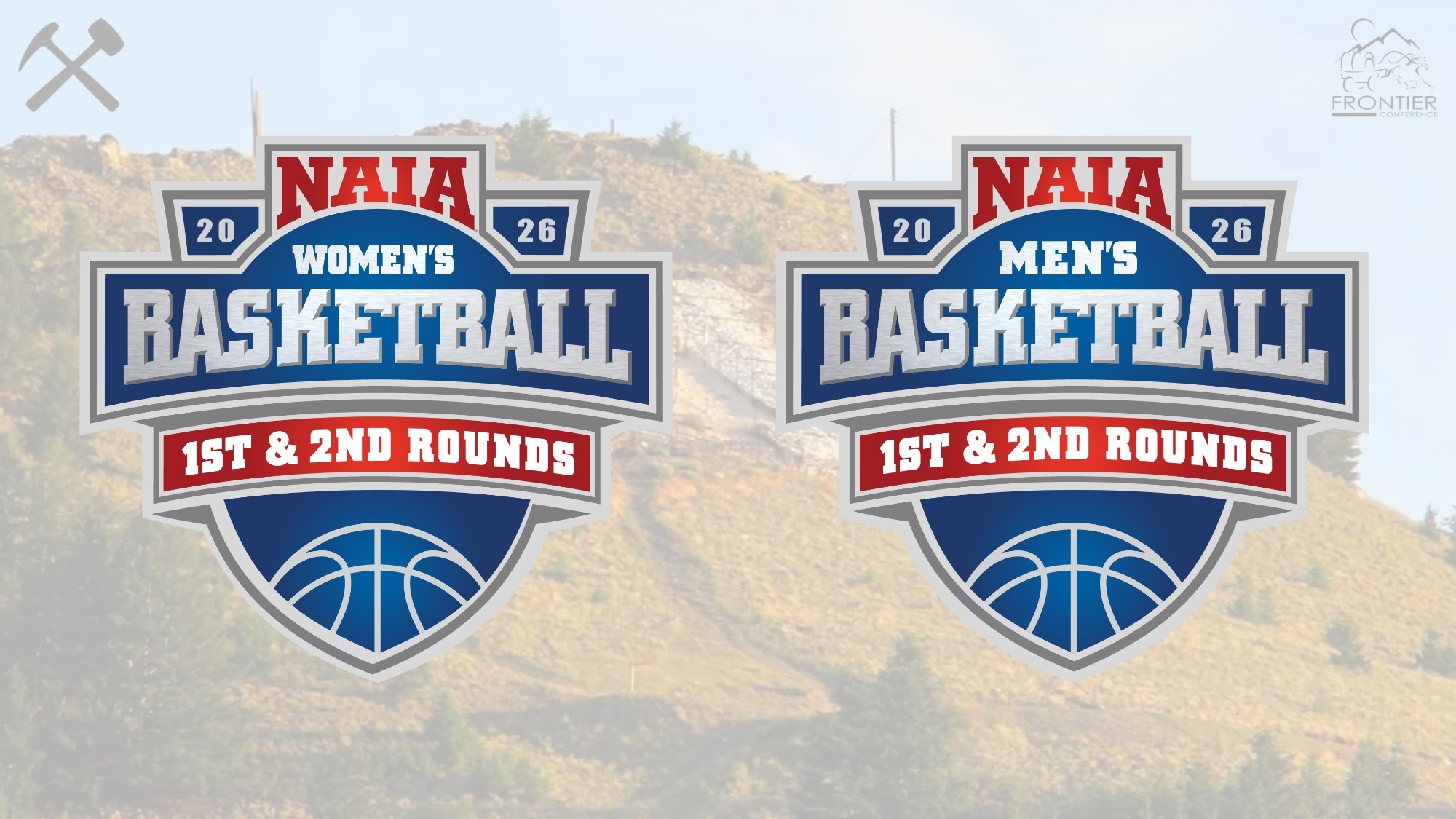 NAIA basketball tournament logos over translucent image of the M on Big Butte
