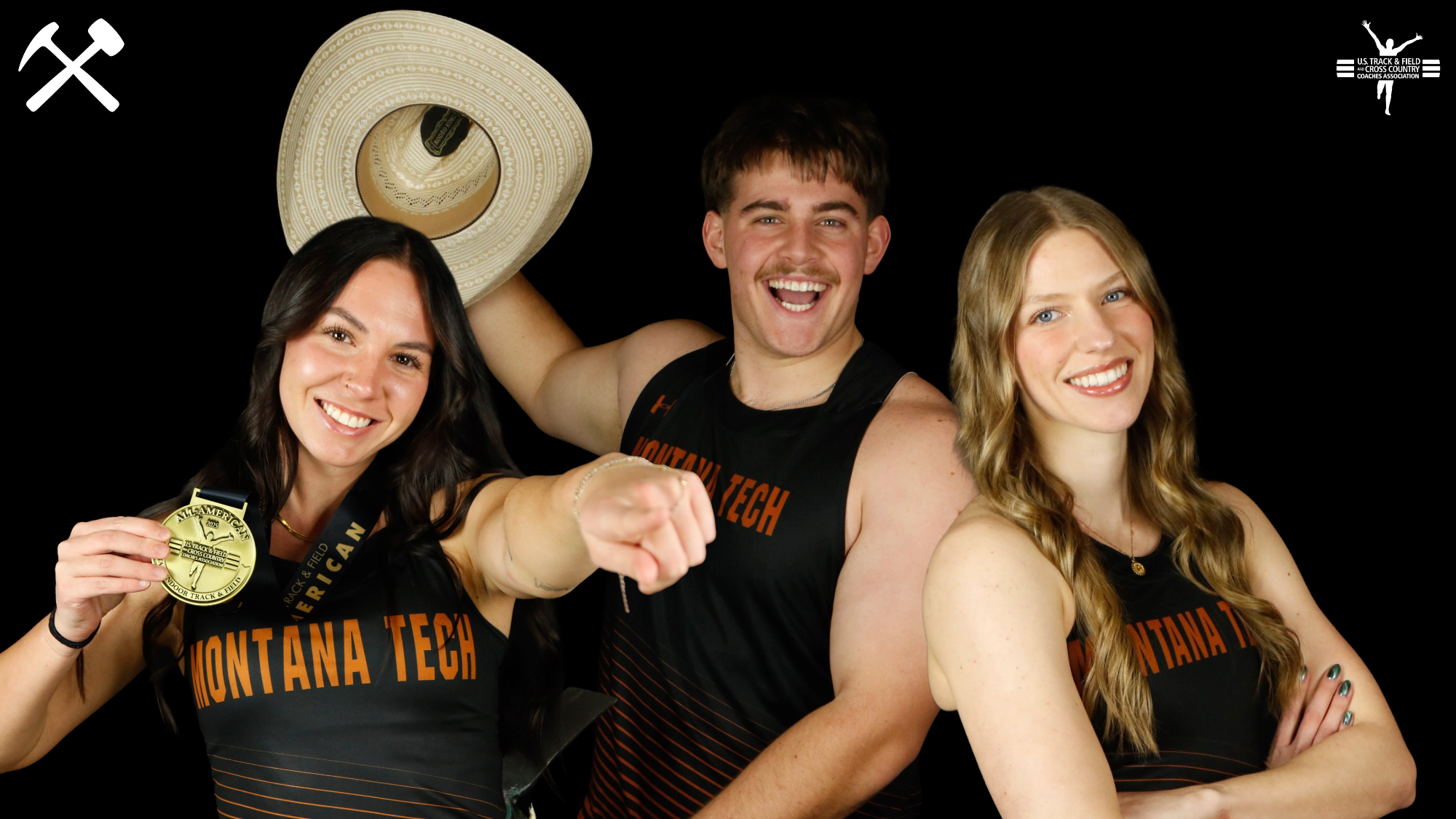 Promo photos of Montana Tech's Jadyn Vermillion, Cade VanVleet, and Abby Clark in track & field uniforms on a black background with Oredigger and USTFCCCA logos in the top corner