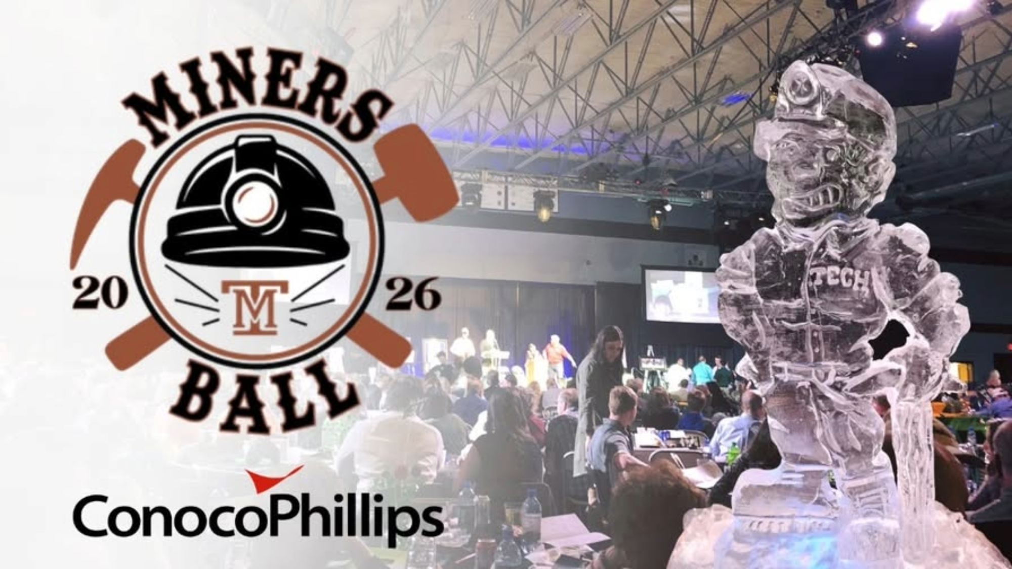2026 Miners Ball Digger Auction logo with ice sculpture of Charlie Oredigger