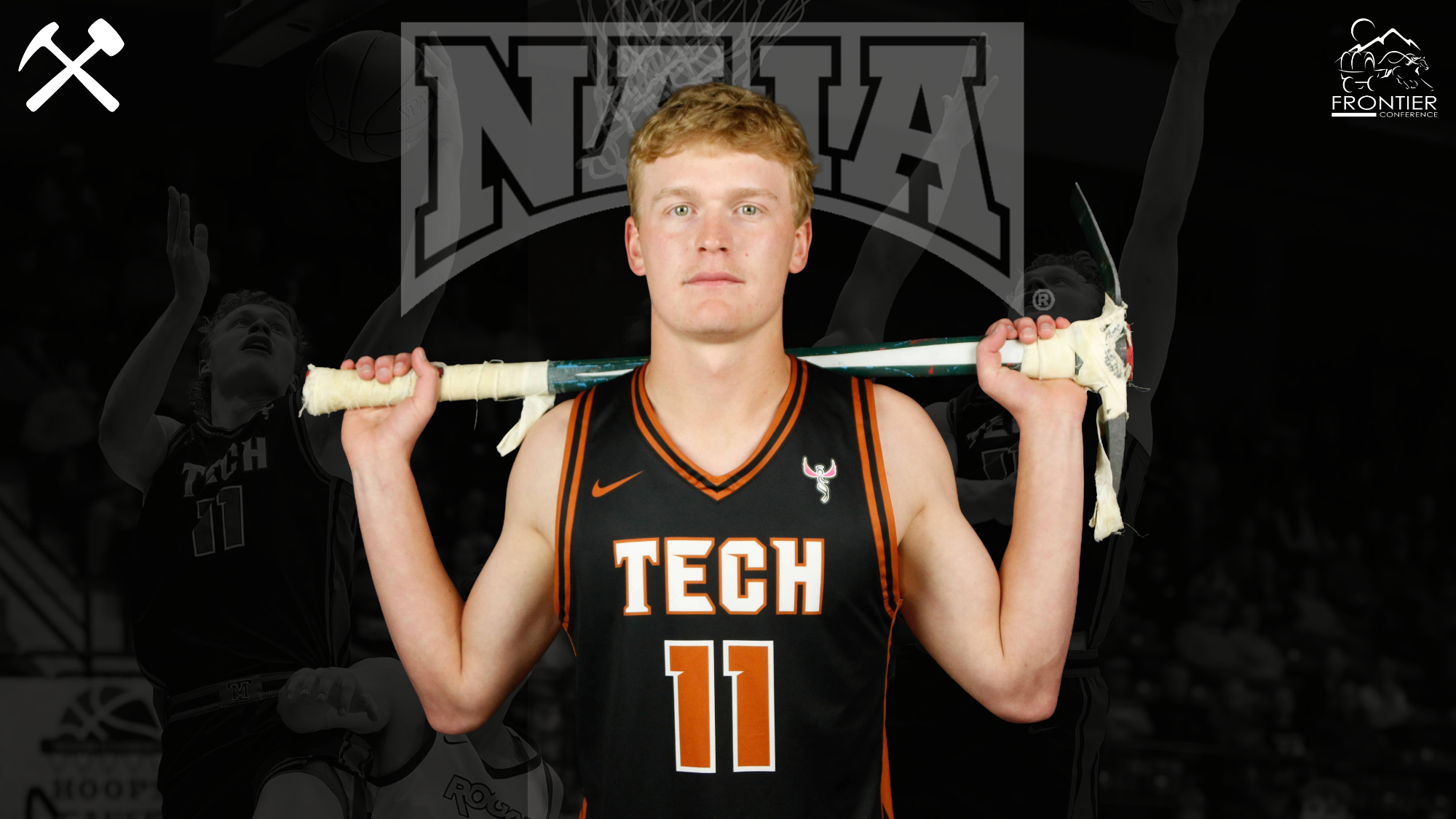 Hayden Diekhans stands with a pickaxe over his shoulders in a Montana Tech basketball uniform