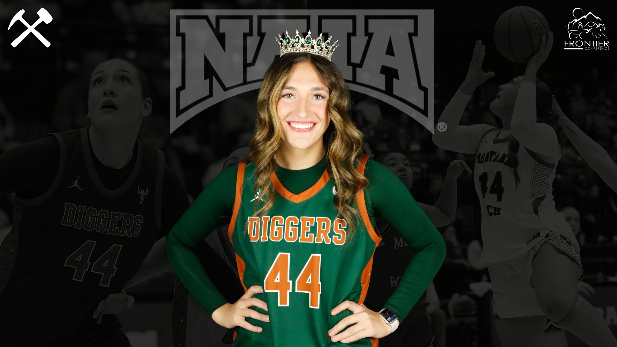 Hadley Humpherys wears a crown and a Montana Tech basketball uniform over a black background