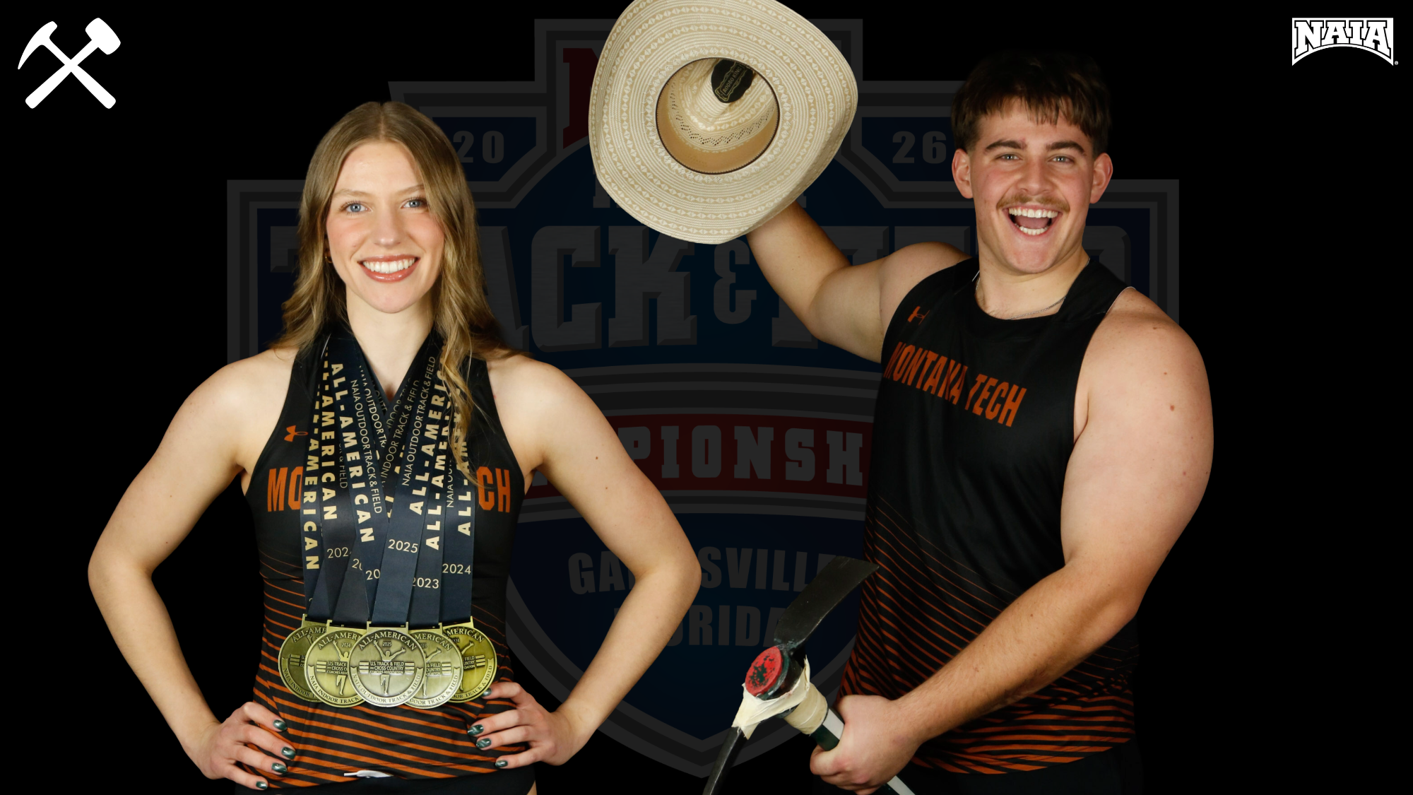 Abby Clark and Cade VanVleet posing with Montana Tech track & field uniforms on over black background with NAIA indoor championship logo embossed
