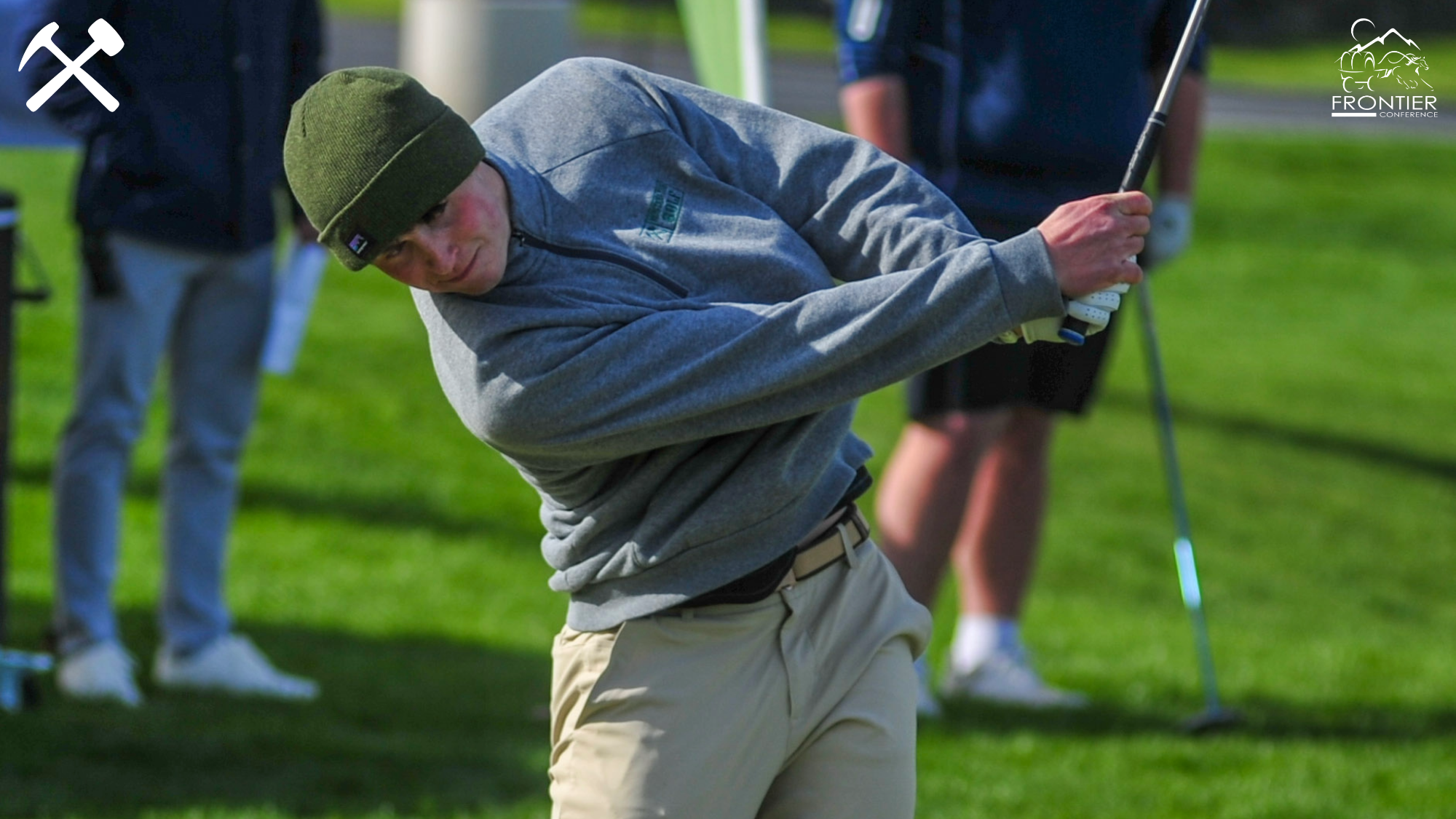 Tyler Avery hits a golf ball during a Montana Tech tournament round