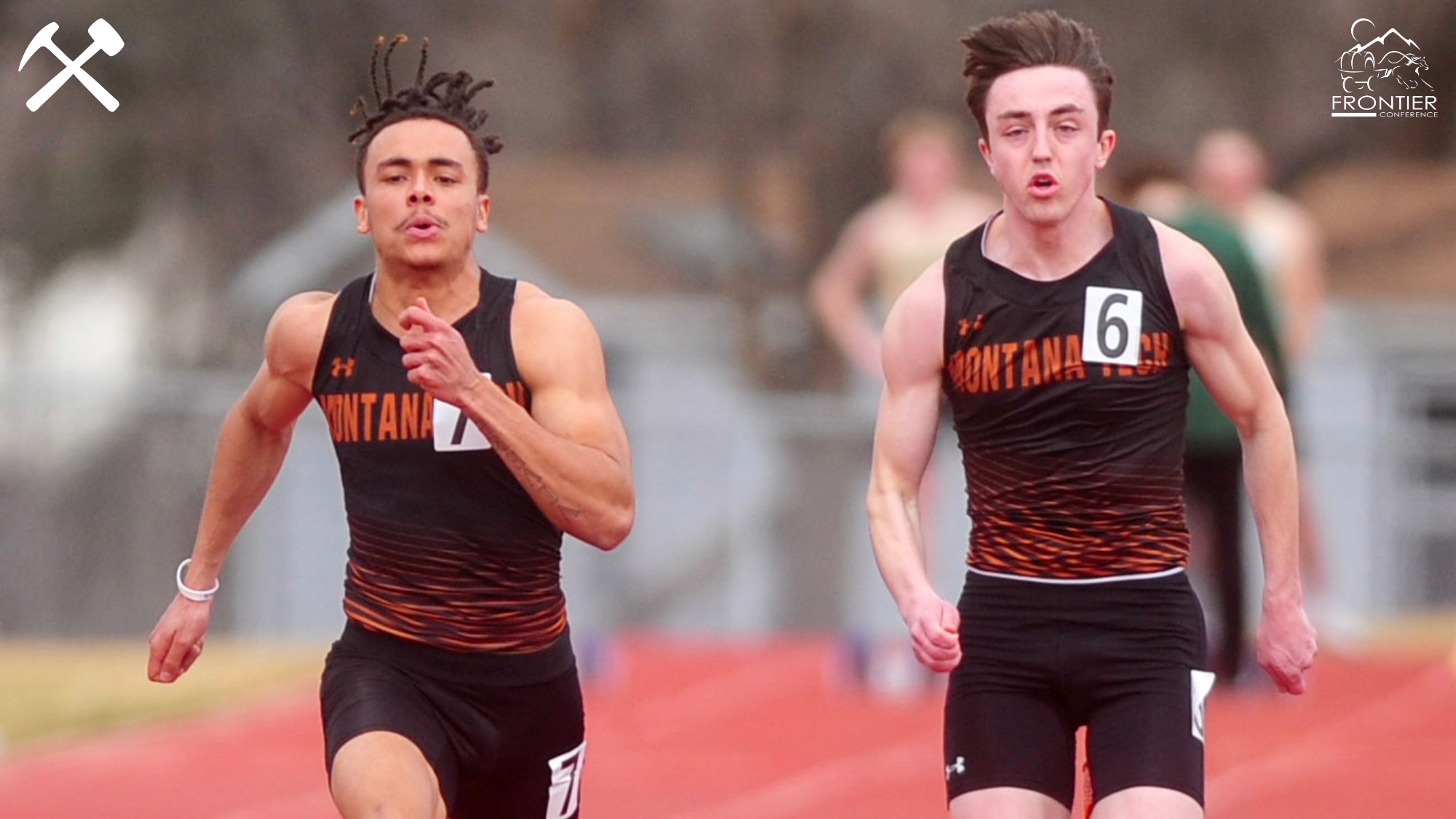 Montana Tech's Jaxon Allery and Zach Merrifield sprint the 100m dash during a meet