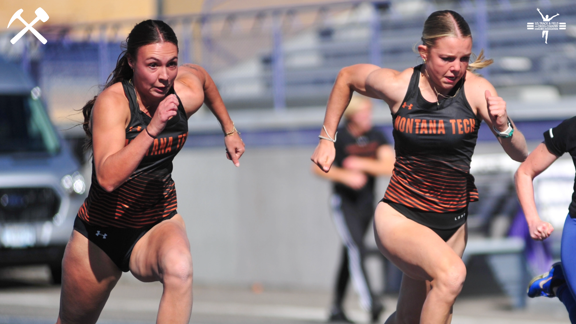 Jadyn Vermillion and Ayla Janzen sprint during a Montana Tech home track meet