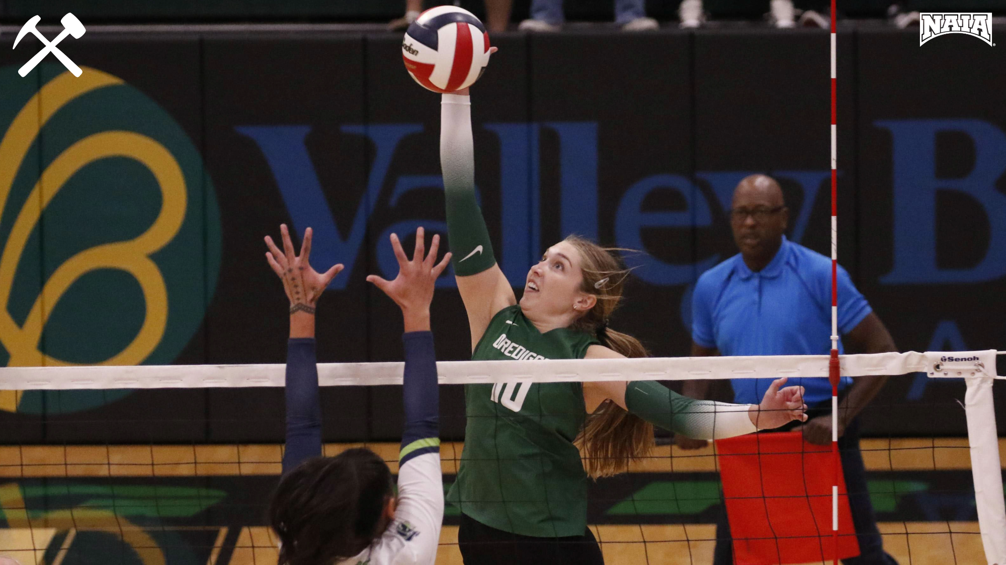 Payton Treadwell hits a volleyball during a home Montana Tech match