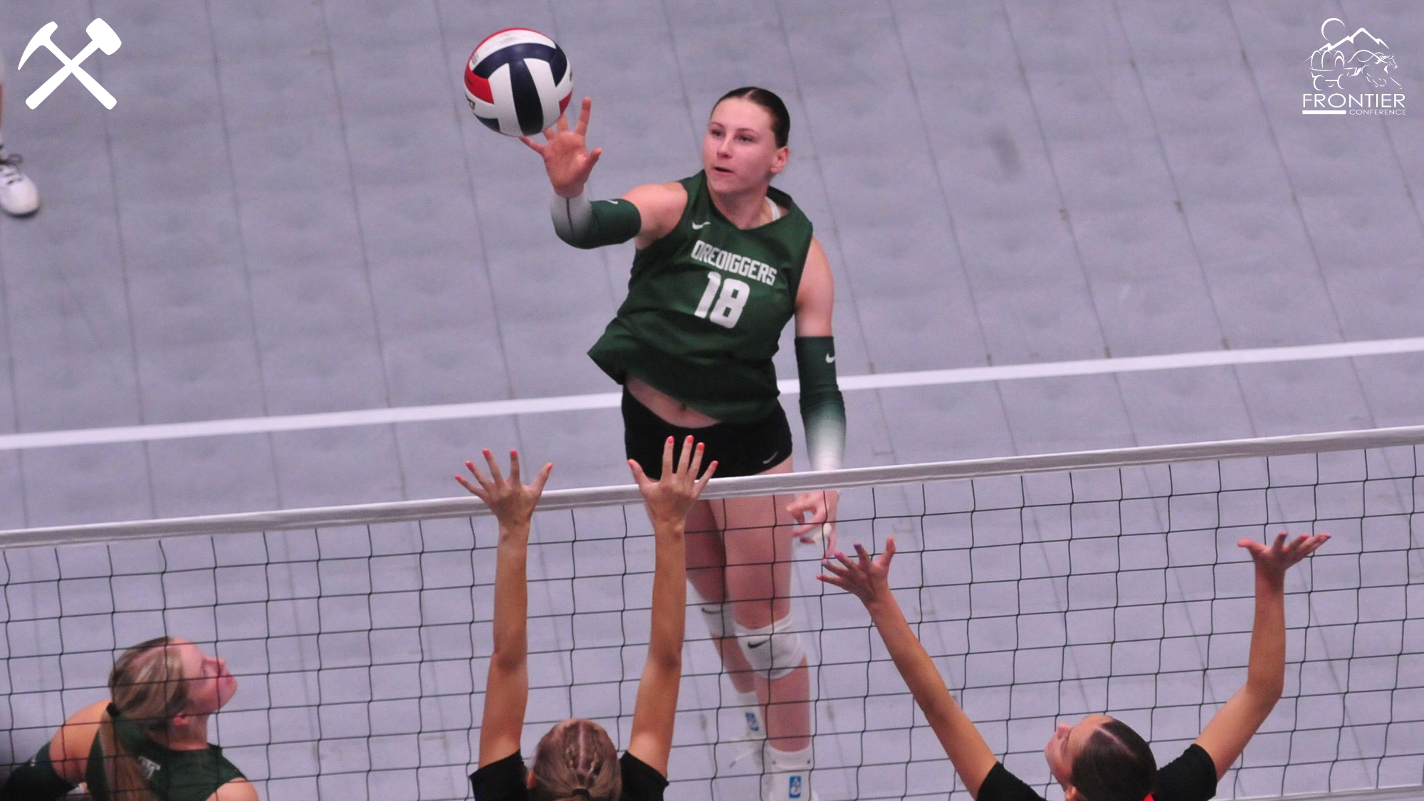 Madison Biery hits a volleyball over defenders during a Montana Tech match