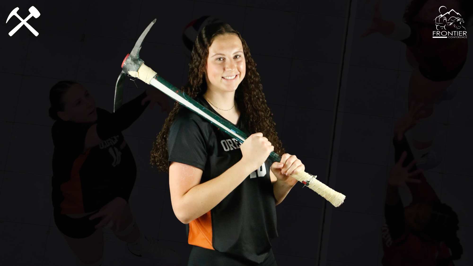 Madison Biery standing in a black Oredigger volleyball uniform holding a pickaxe on a black background.