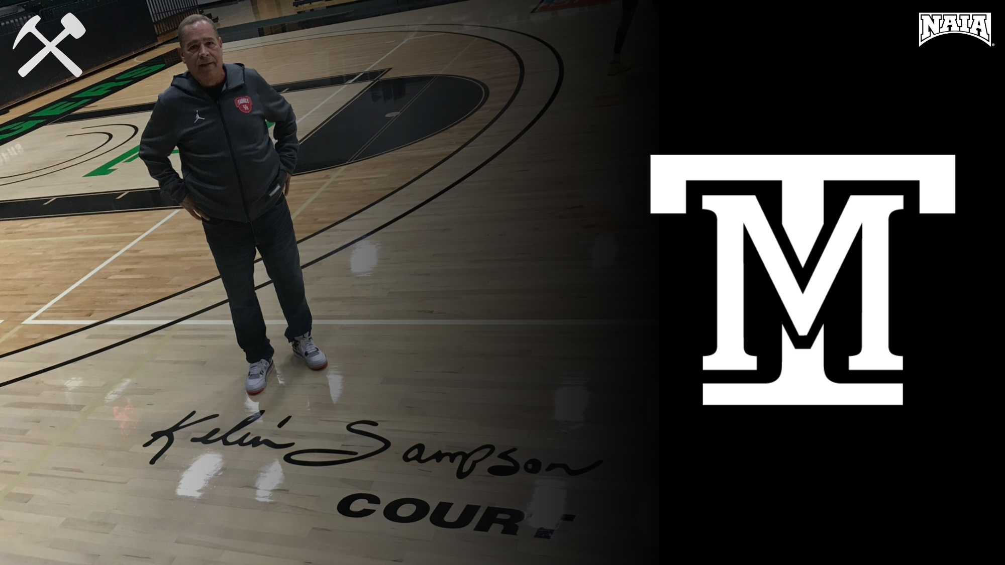 Coach Kelvin Sampson stands above his signature on the court in Valley Bank Arena