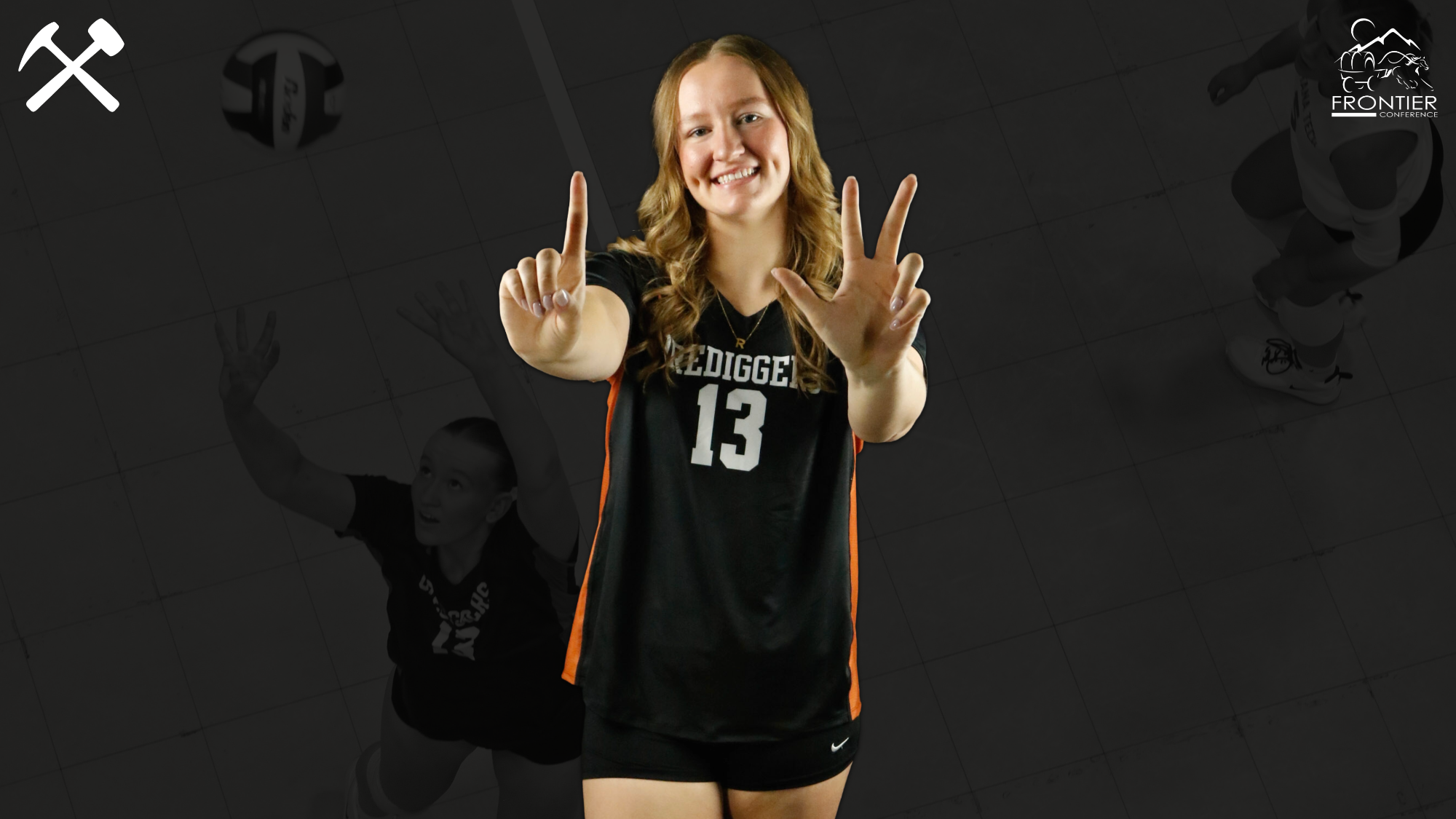 Rhys Layton in a black Montana Tech volleyball uniform holding her hands out to show her number 13