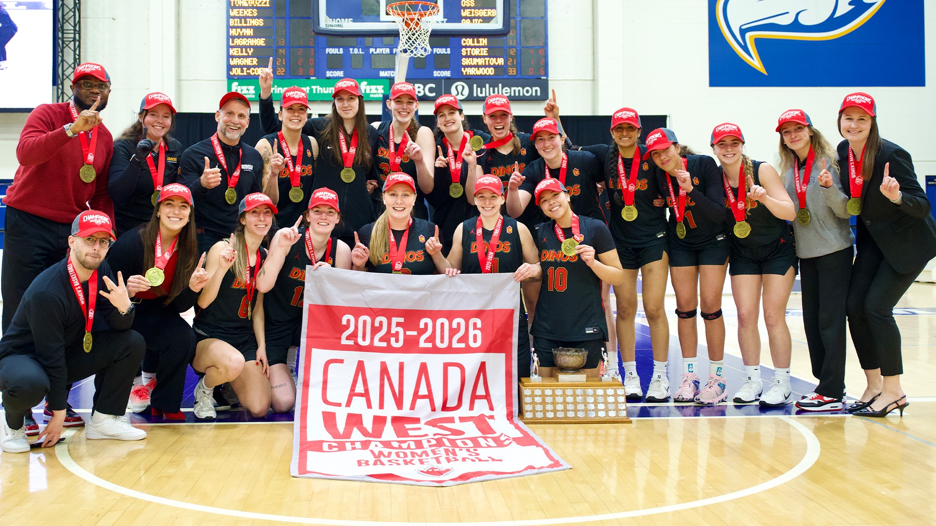 2025-26 Canada West Champions, Women's Basketball, team, trophy, banner, win