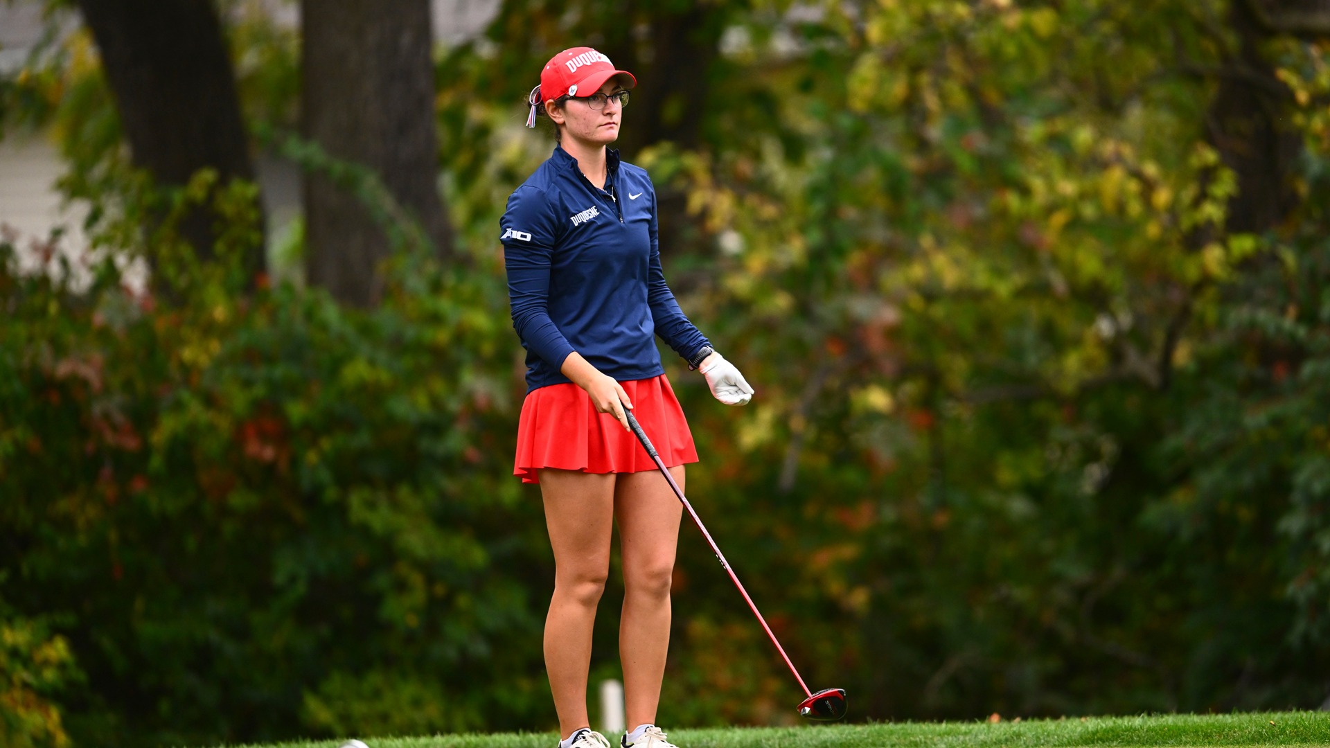 Katie Caryl gets set at the tee box at the Nittany Lion Invitational.