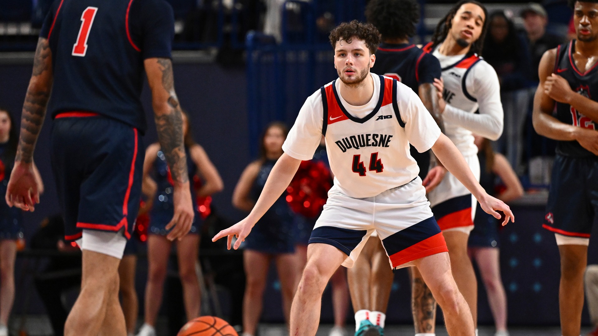 Jake DiMichele gets set on defense vs. Stony Brook at UPMC Cooper Fieldhouse.