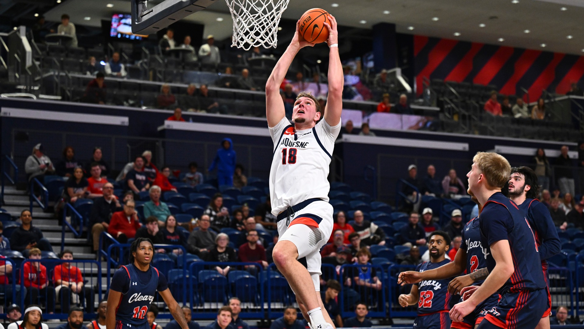 Stef van Bussel goes up for a dunk in the second half vs. Cleary at UPMC Cooper Fieldhouse.
