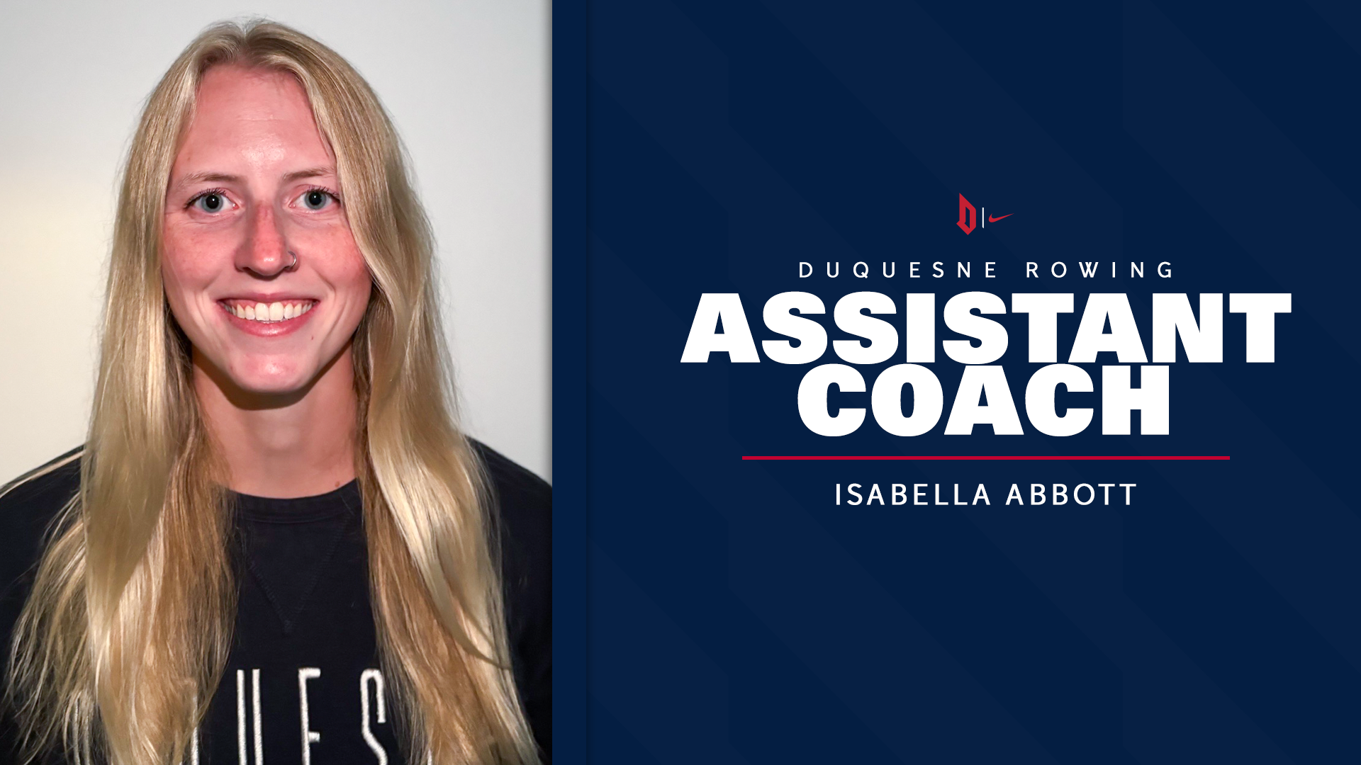 Isabella Abbott has been named an assistant coach with the Duquesne rowing program.
