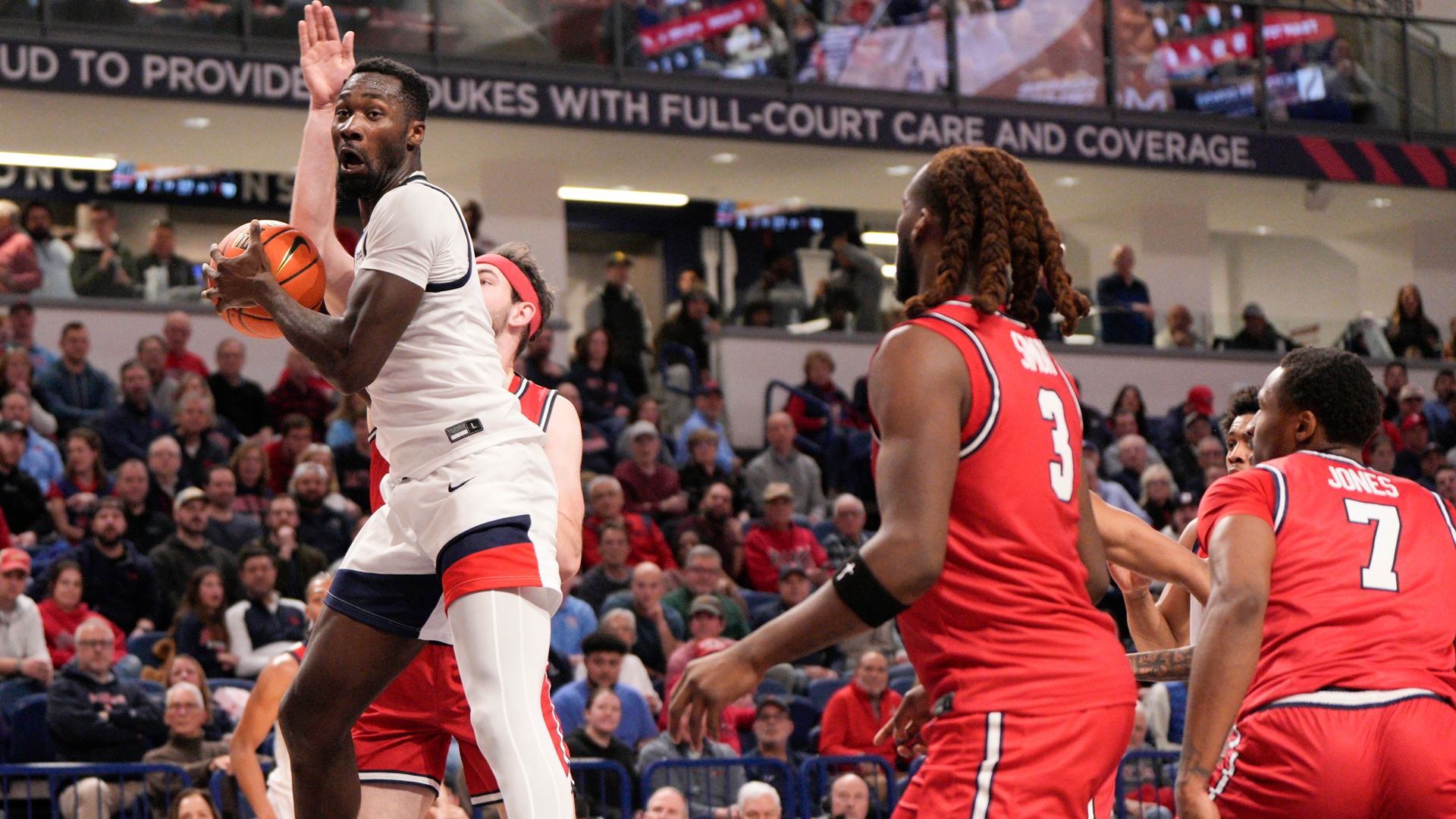 David Dixon collects career rebound No. 500 in the first half Tuesday vs. Dayton at UPMC Cooper Fieldhouse.