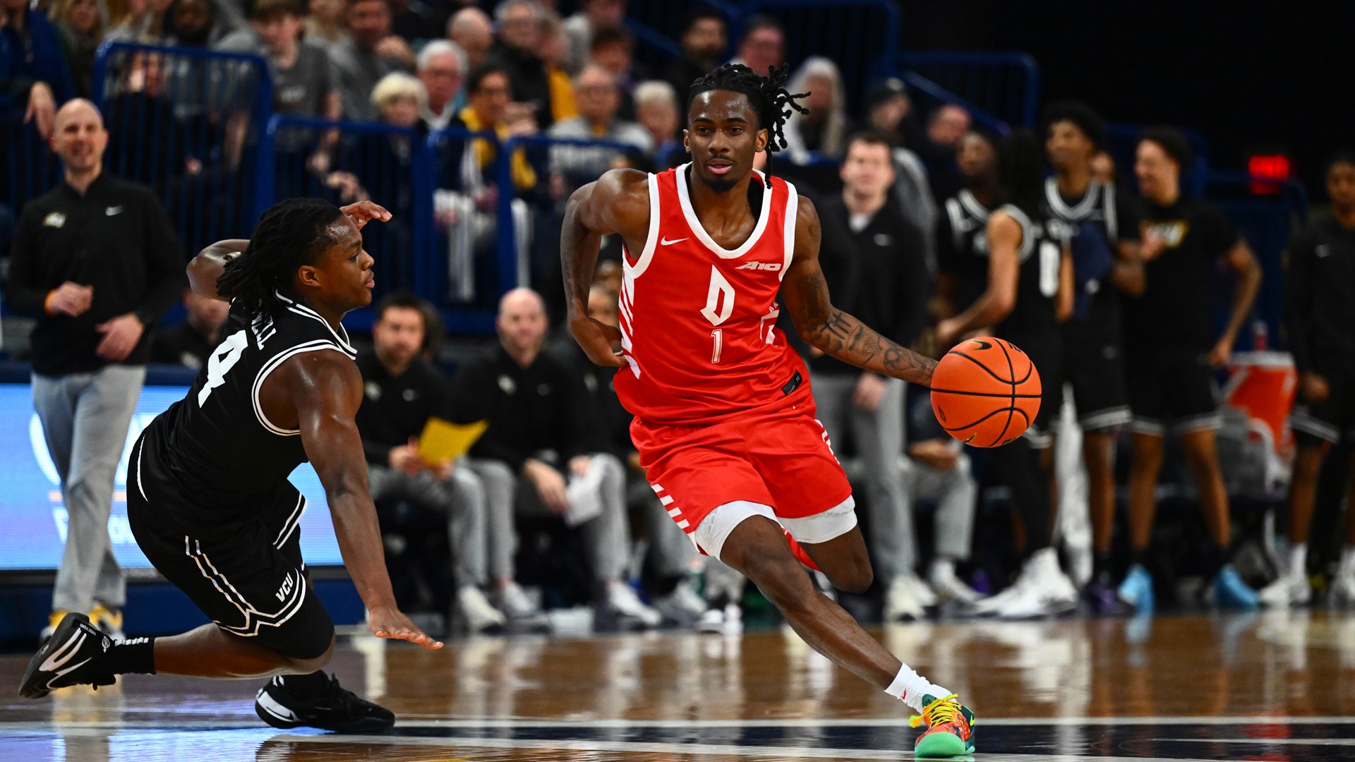 Tarence Guinyard drives vs. VCU at UPMC Cooper Fieldhouse.