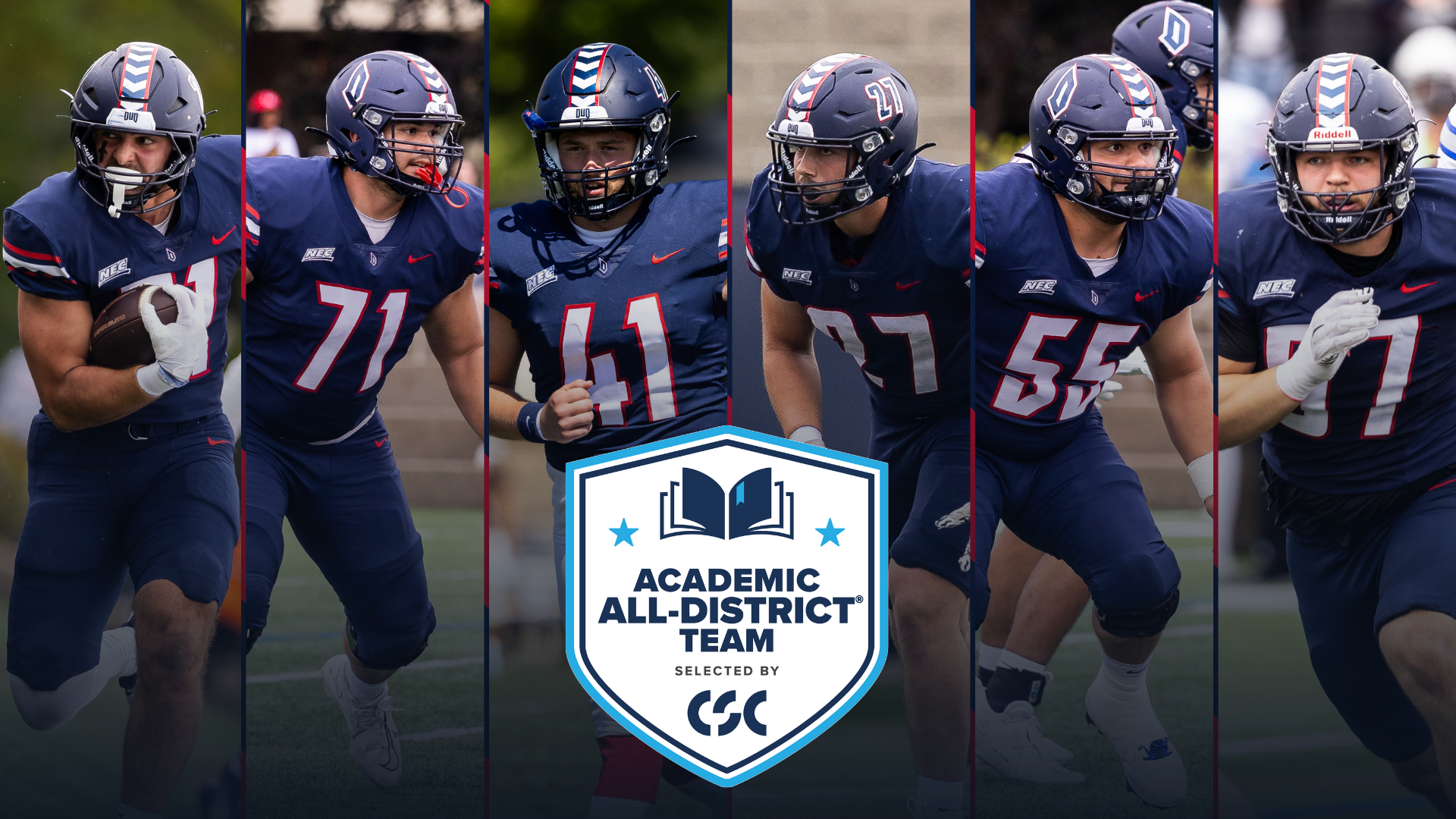 six football action photos of dukes with csc academic all-district team logo