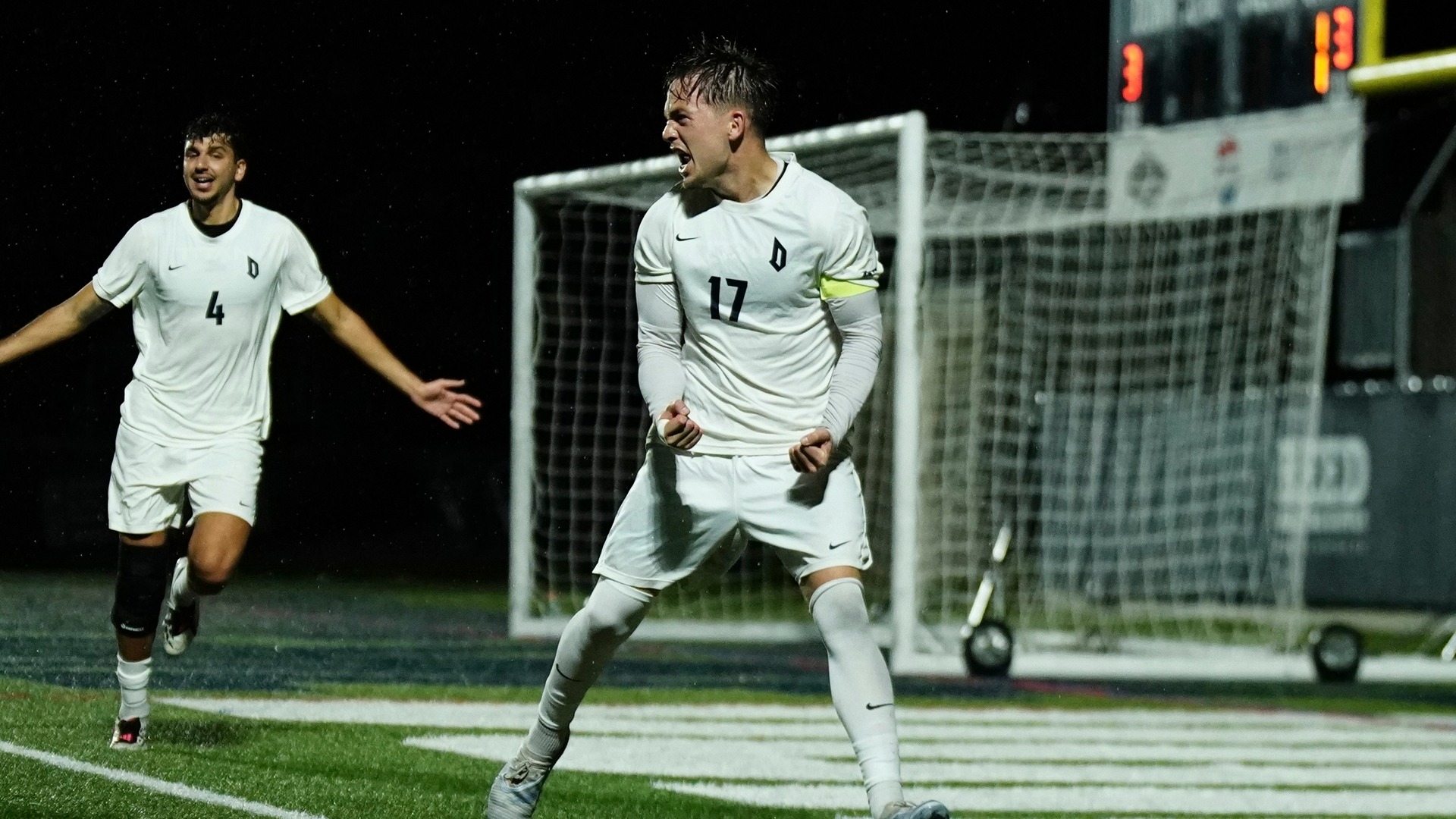 Jaxon Ervin celebrates after giving the Dukes a 2-1 lead over Dayton at Rooney Field.