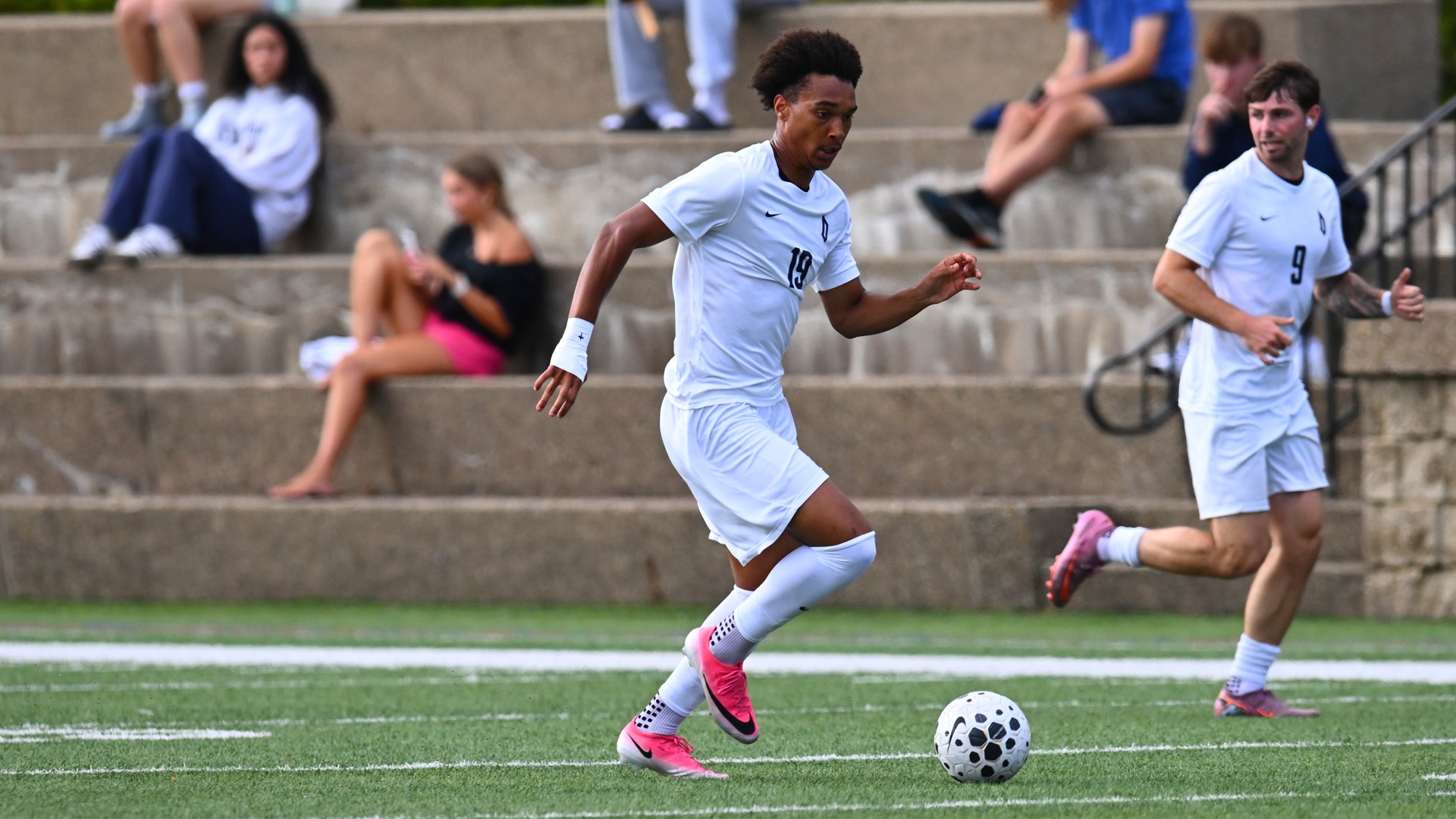 Cody Da dribbles in the 2026 season opener vs. Lafayette at Rooney Field.
