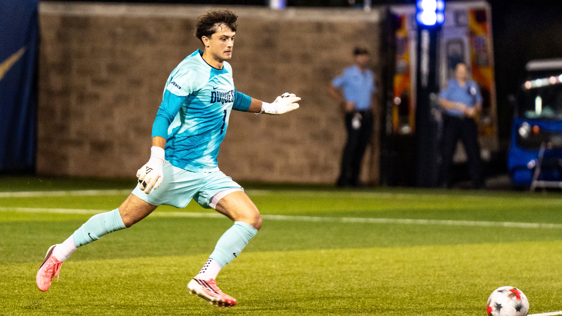 Sam Coss lines up a goal kick at Pitt.