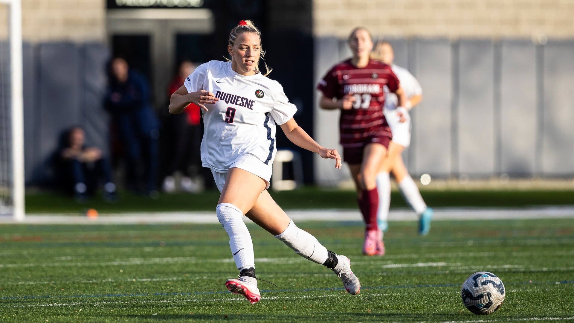 Kaitlyn Killinger against Fordham at Rooney Field in the 2025 A-10 Championship.
