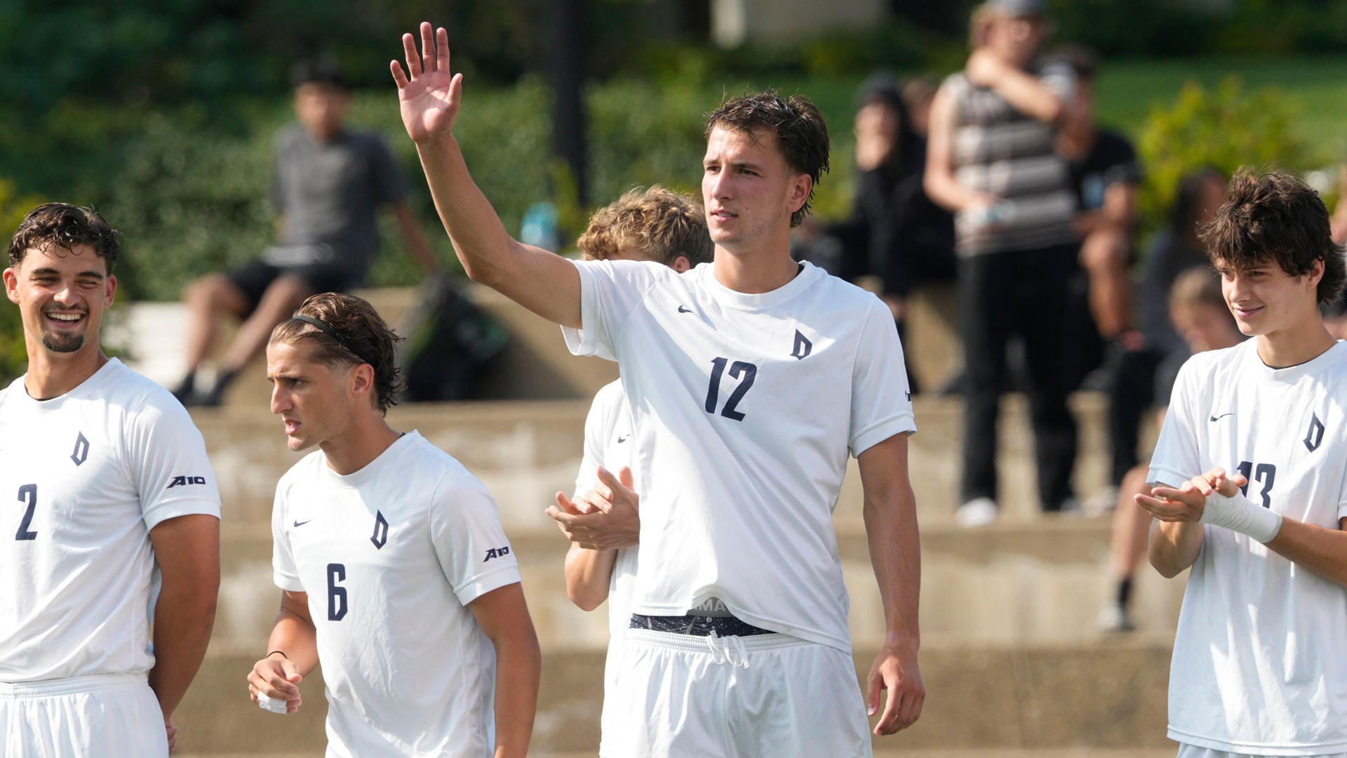Steel Bayer during starting lineups vs. Mount St. Mary's at Rooney Field.