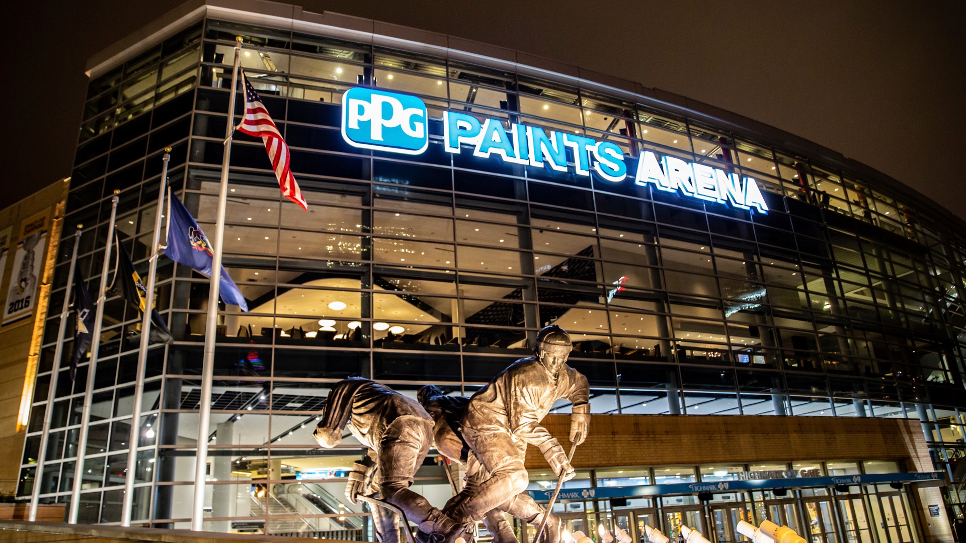 PPG Paints Arena Exterior at night