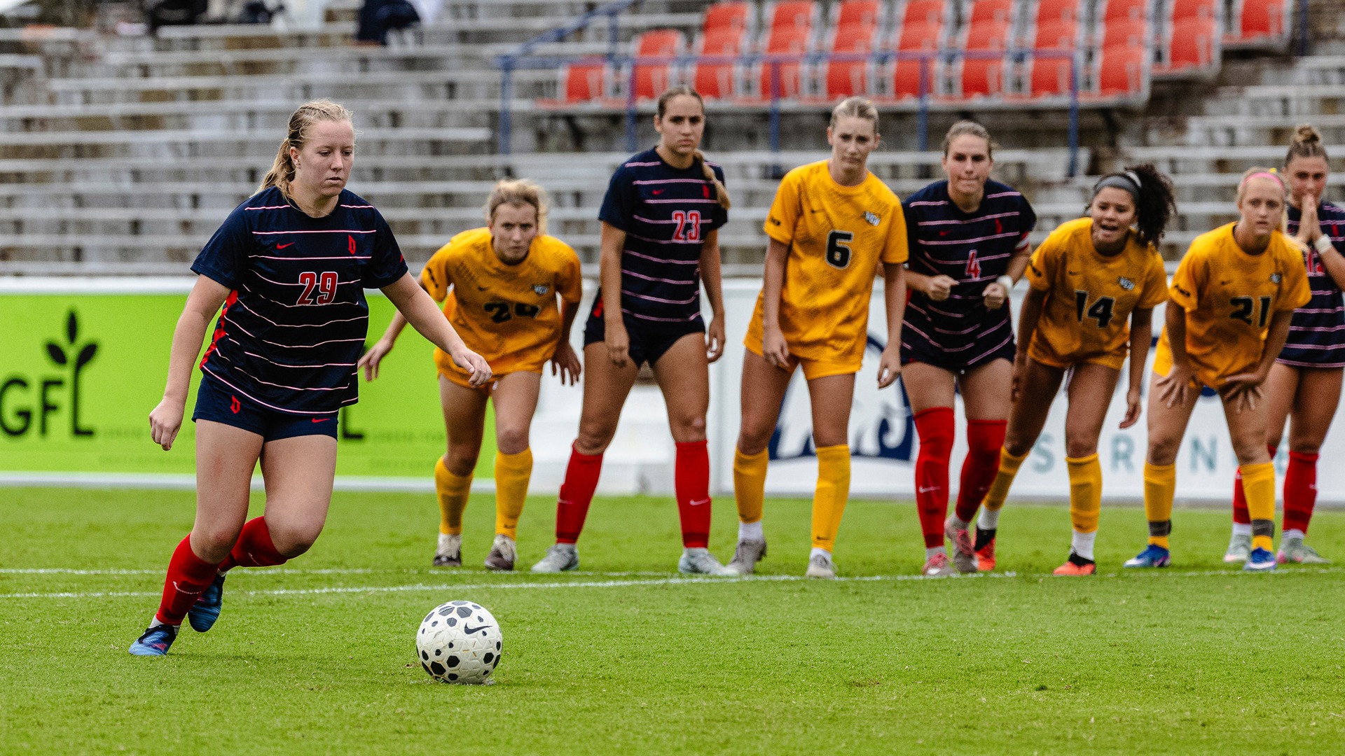 Molly Kinsella gets ready to shoot a penalty kick against VCU at City Stadium in Richmond, Va.
