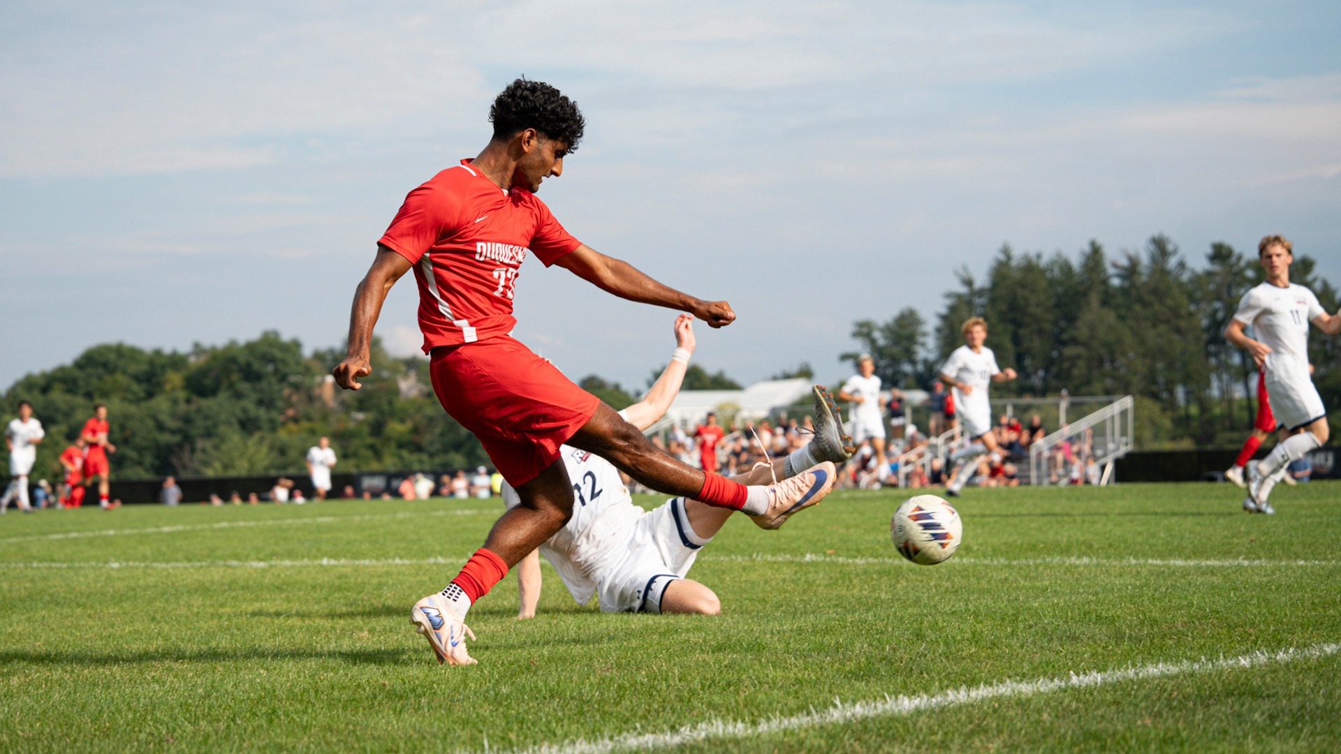 Ashwin Menon fires a shot during a 1-1 draw at Robert Morris.