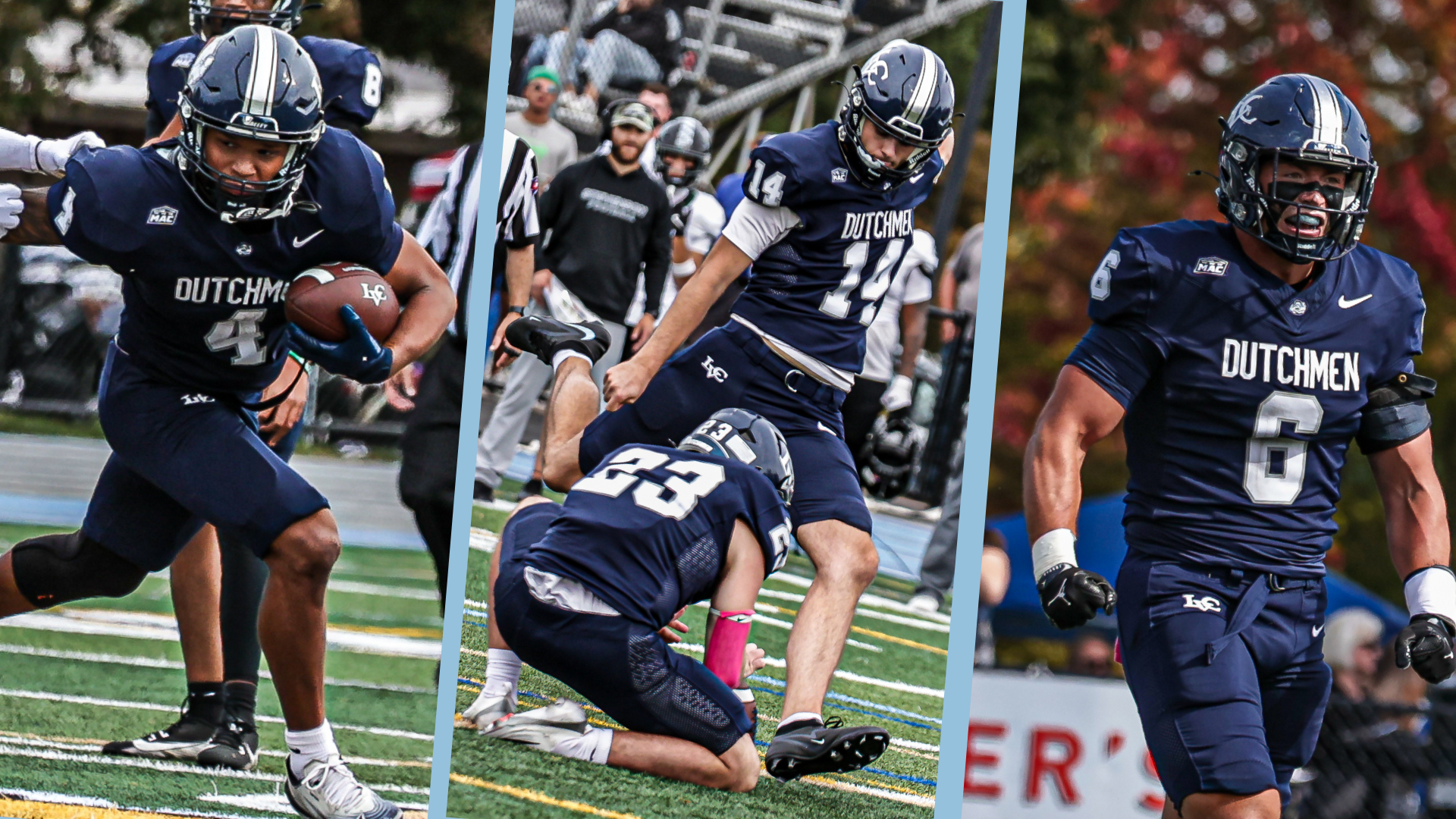 Three action photos of football players