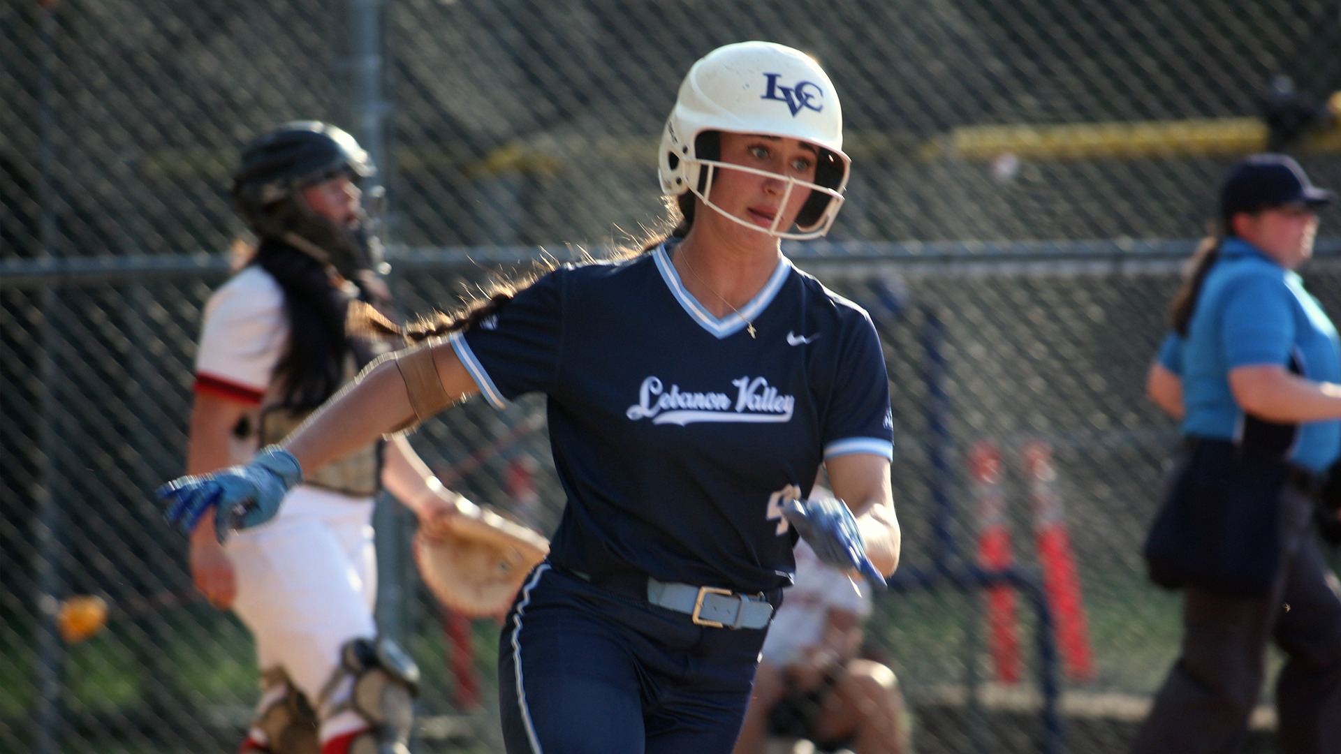 Holly Grube rounding first base